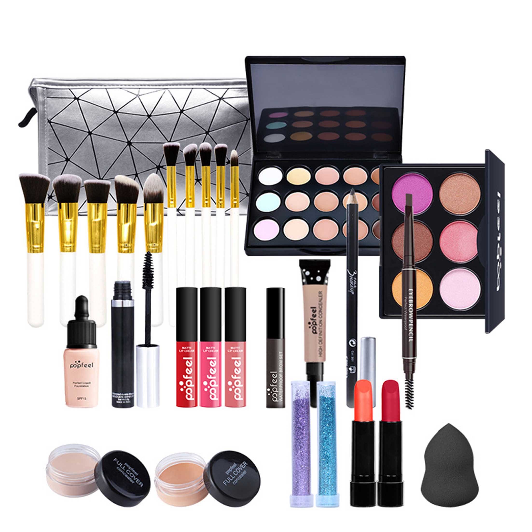 KINSI Make-up Set 16/19-teiliges Make-up Set, Schmink Geschenkset, Einsteiger Set, 19-tlg., Enthält Lidschattenpalette, Lippenstift, Eyeliner, Mascara und Pinsel