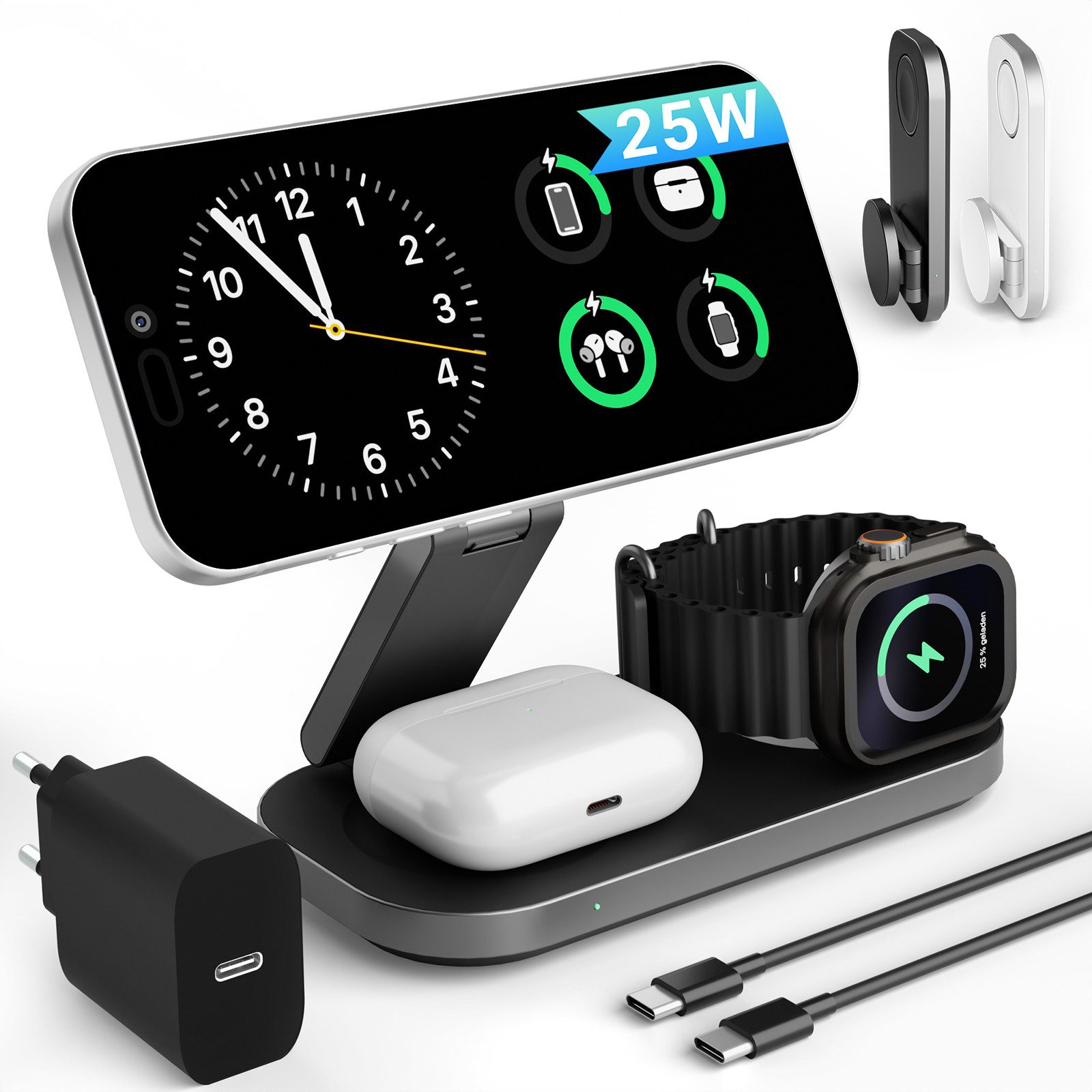 GreenHec Ladestation 25w Apple Watch iPhone 18 17 3in1 MagSafe Wireless Charger Wireless Charger (3000 mA, Spar-Set, 3in1 PowerBase + USB-C Kabel + 35w Ladegerät, Pro Max Air Plus Charging Station Kabelloses Induktionsladegerät Fast)