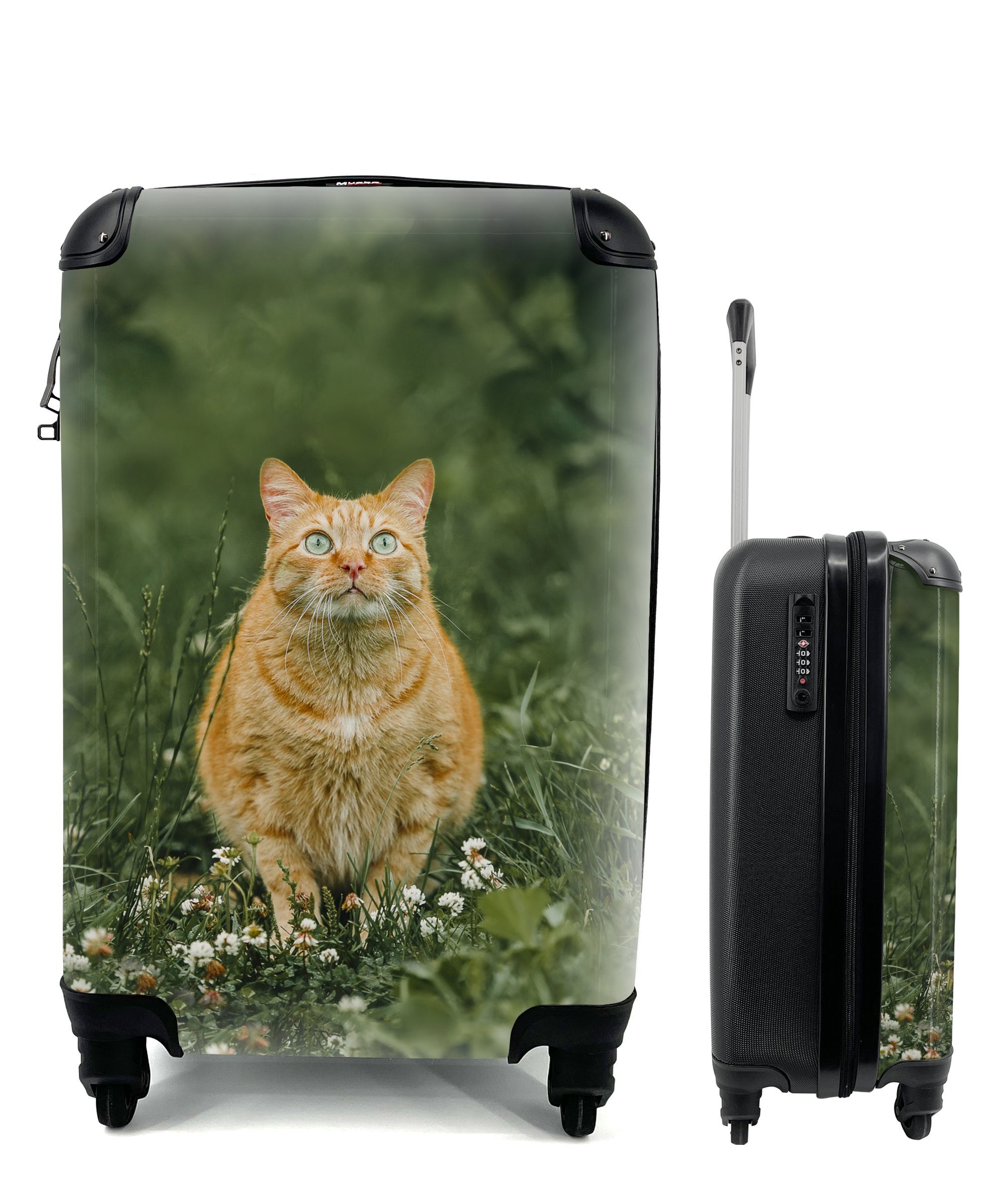 MuchoWow Handgepäckkoffer Katze - Blumen - Pflanzen - Mantel, 4 Rollen, Reisetasche mit rollen, Handgepäck für Ferien, Trolley, Reisekoffer