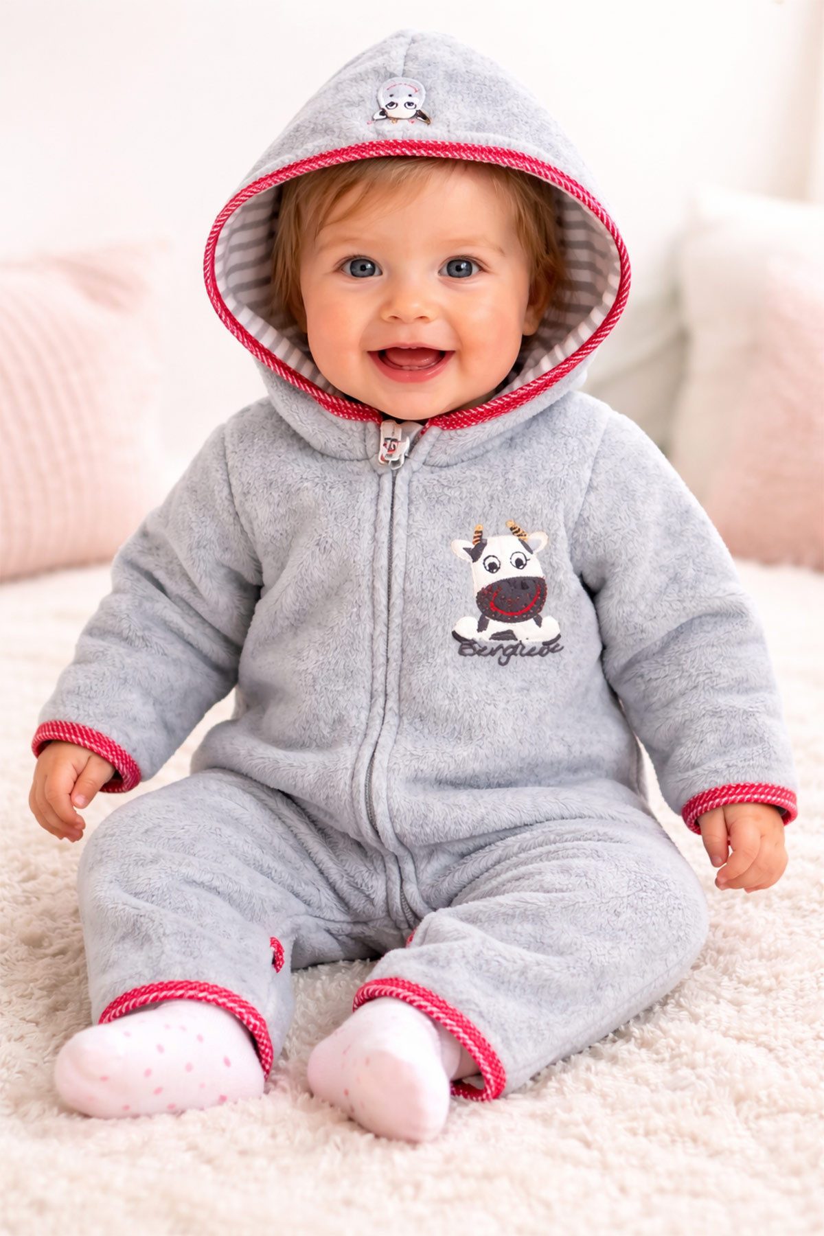 BONDI Strampler Kuscheliger Baby Fleece-Overall "Kuh" 93665 - Grau, Kinder