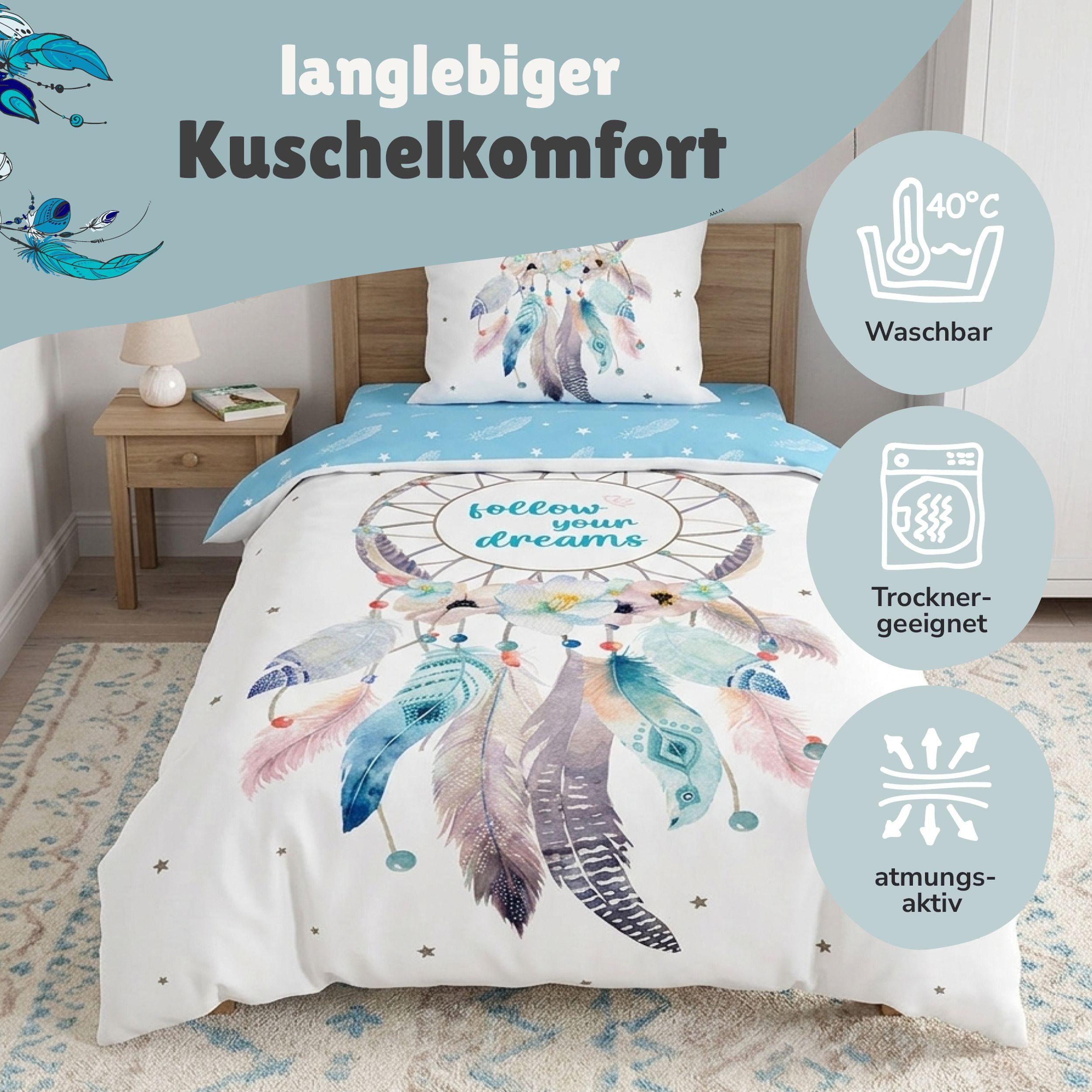 Familando Bettwäsche Dreamcatcher Traumfänger 135x200 80x80 cm Flanell mit Reißverschluss, Flanell, 2 teilig, für Kinder und Erwachsene im Bohemian Boho Style T – Bild 4 von 5