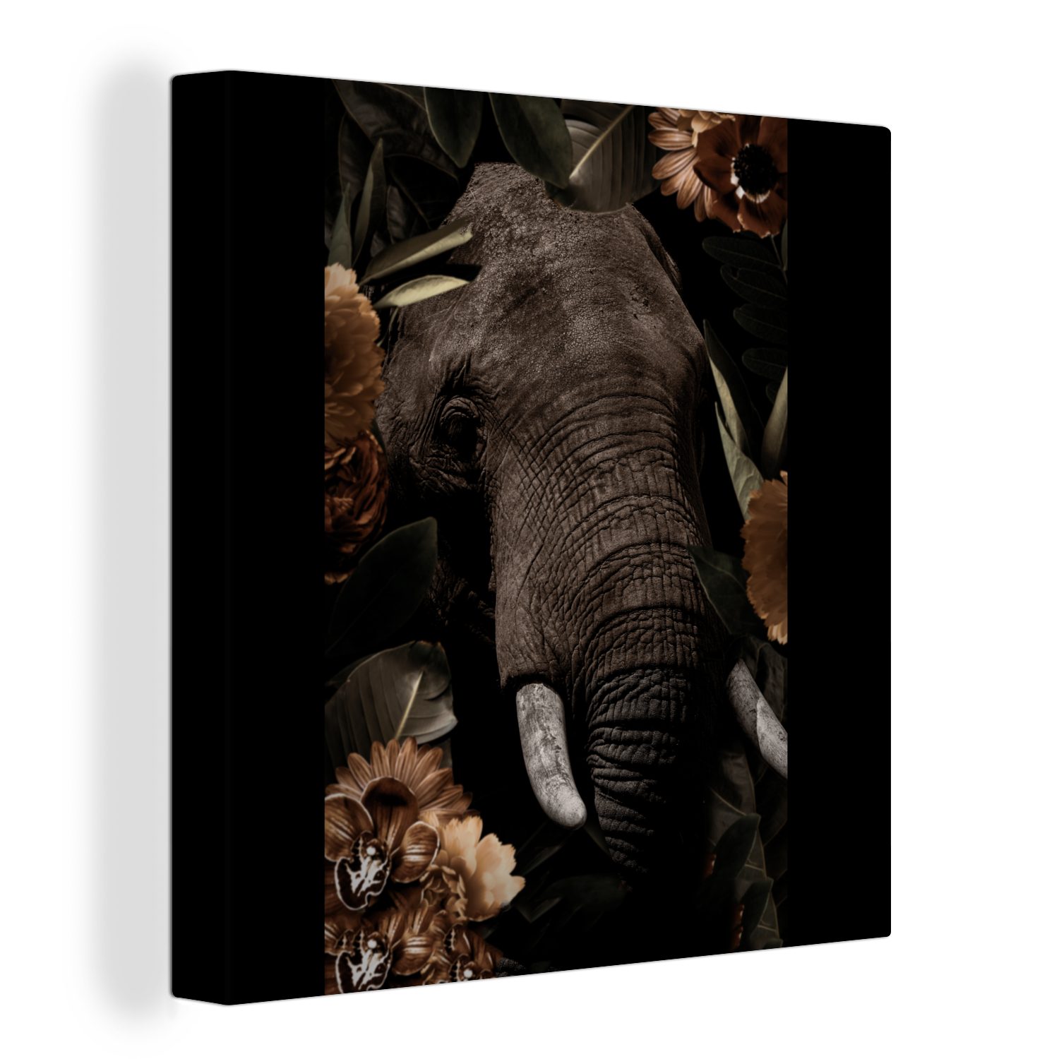 OneMillionCanvasses® Leinwandbild Elefant - Tiere - Blumen - Blätter, (1 St), Leinwand Bilder für Wohnzimmer Schlafzimmer