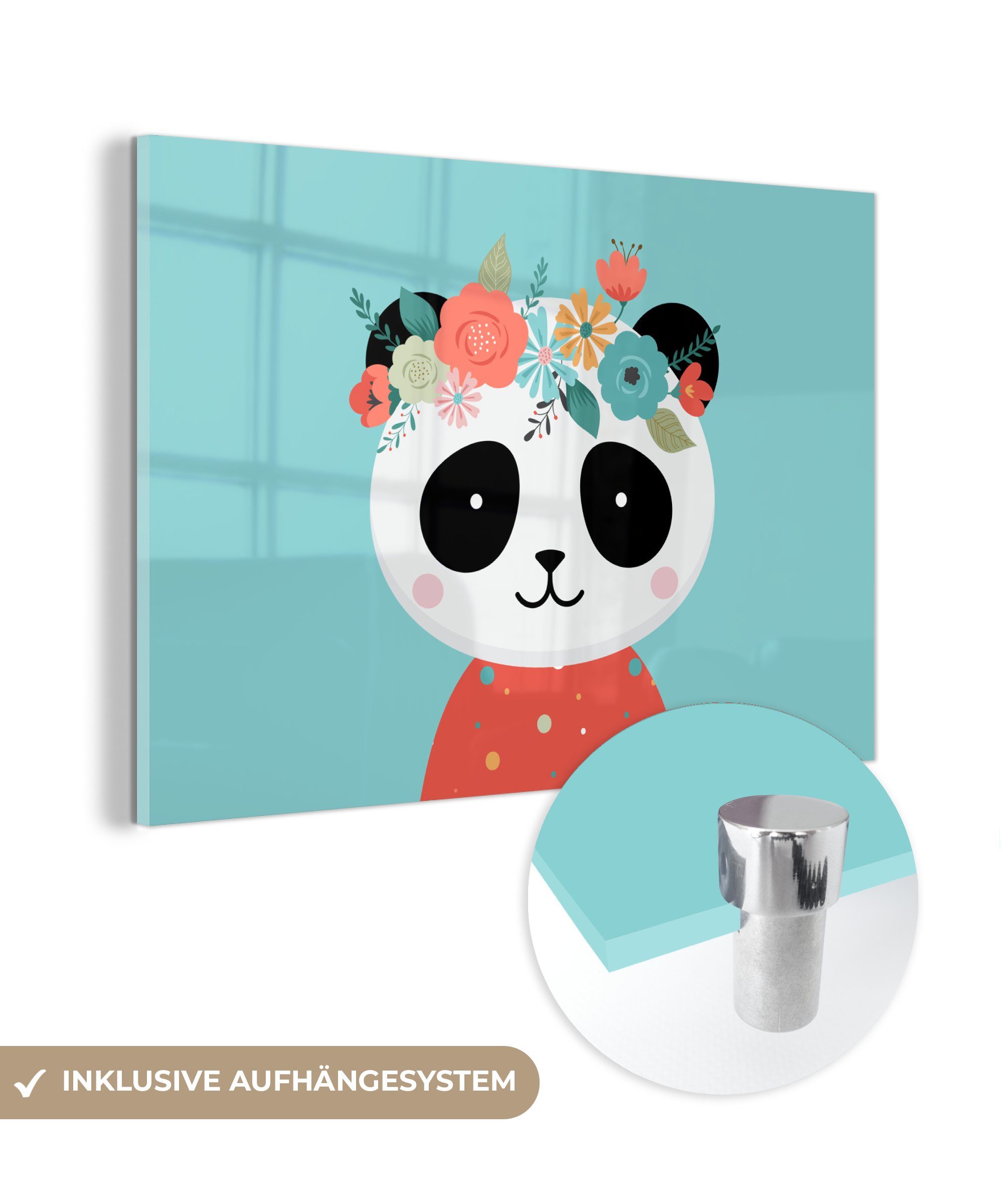 MuchoWow Acrylglasbild Panda - Blumengirlande - Blau, (1 St), Acrylglasbilder Wohnzimmer & Schlafzimmer
