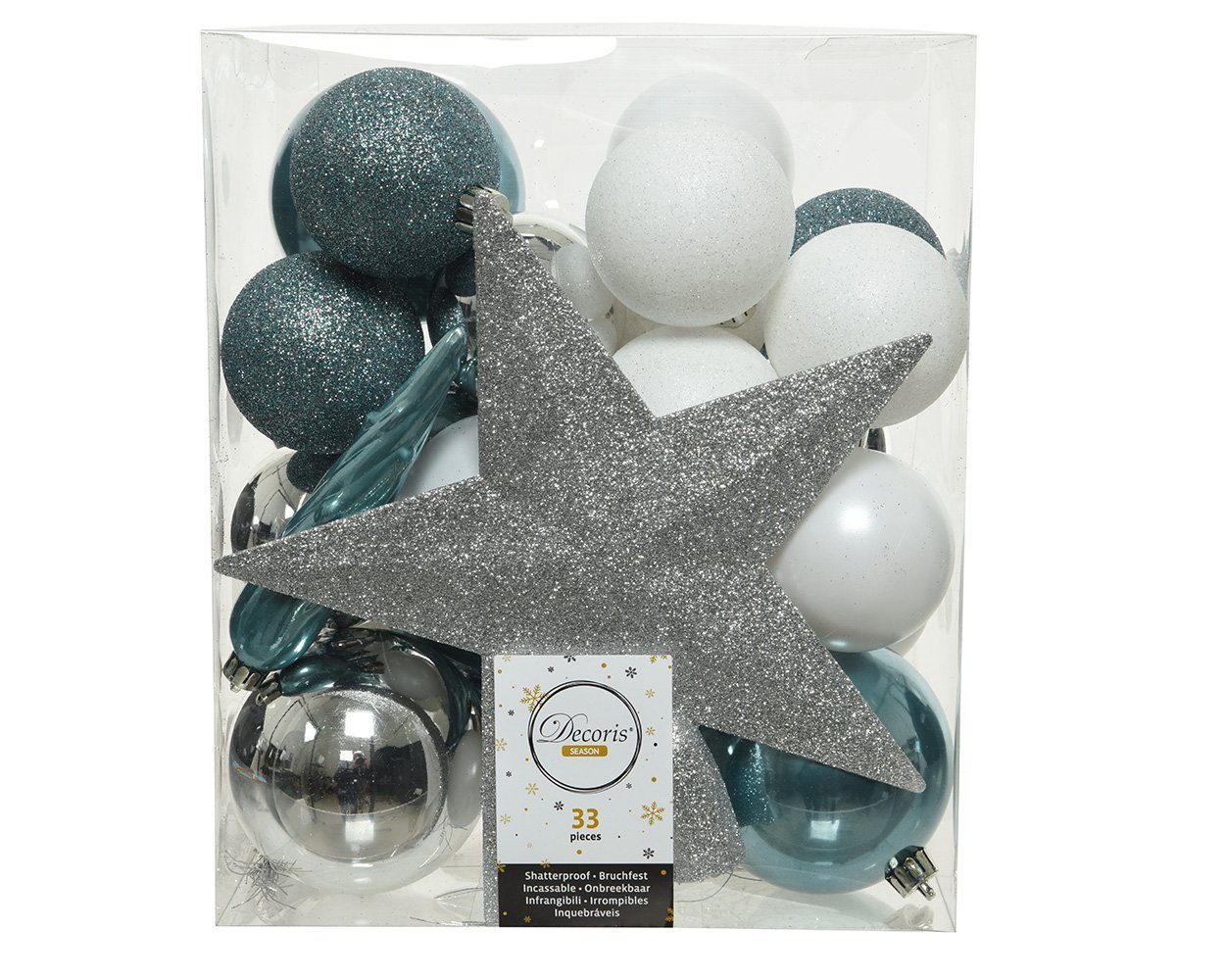 Kaemingk Weihnachtsbaumkugel, Weihnachtskugeln mit Christbaumstern Kunststoff 33er Set - Blau / Weiß