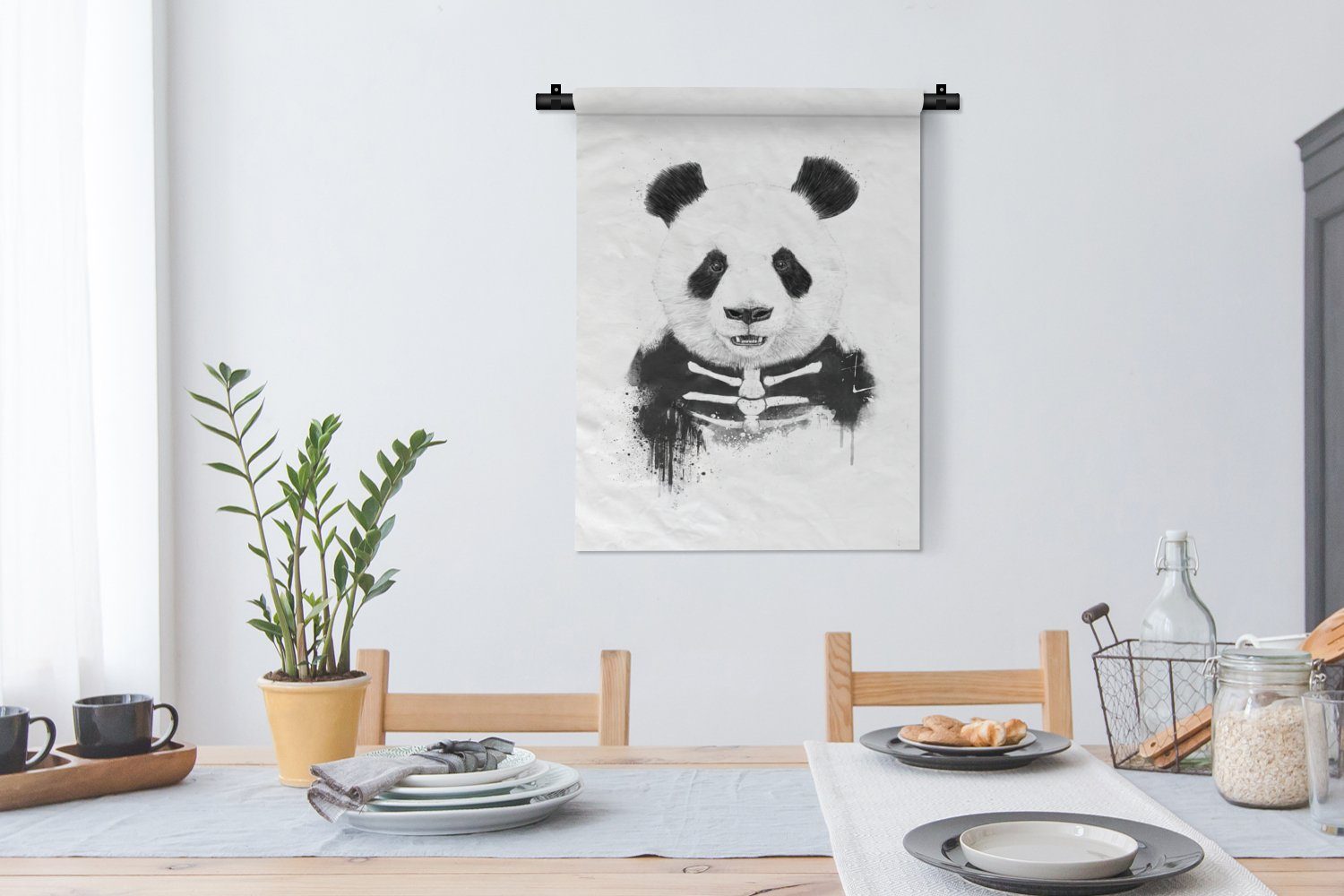 - Weiß, Tiere Deko Wohnzimmer, Skelett Schlafzimmer Panda - Wanddekoobjekt der - Tapisserie, Wand, MuchoWow an für