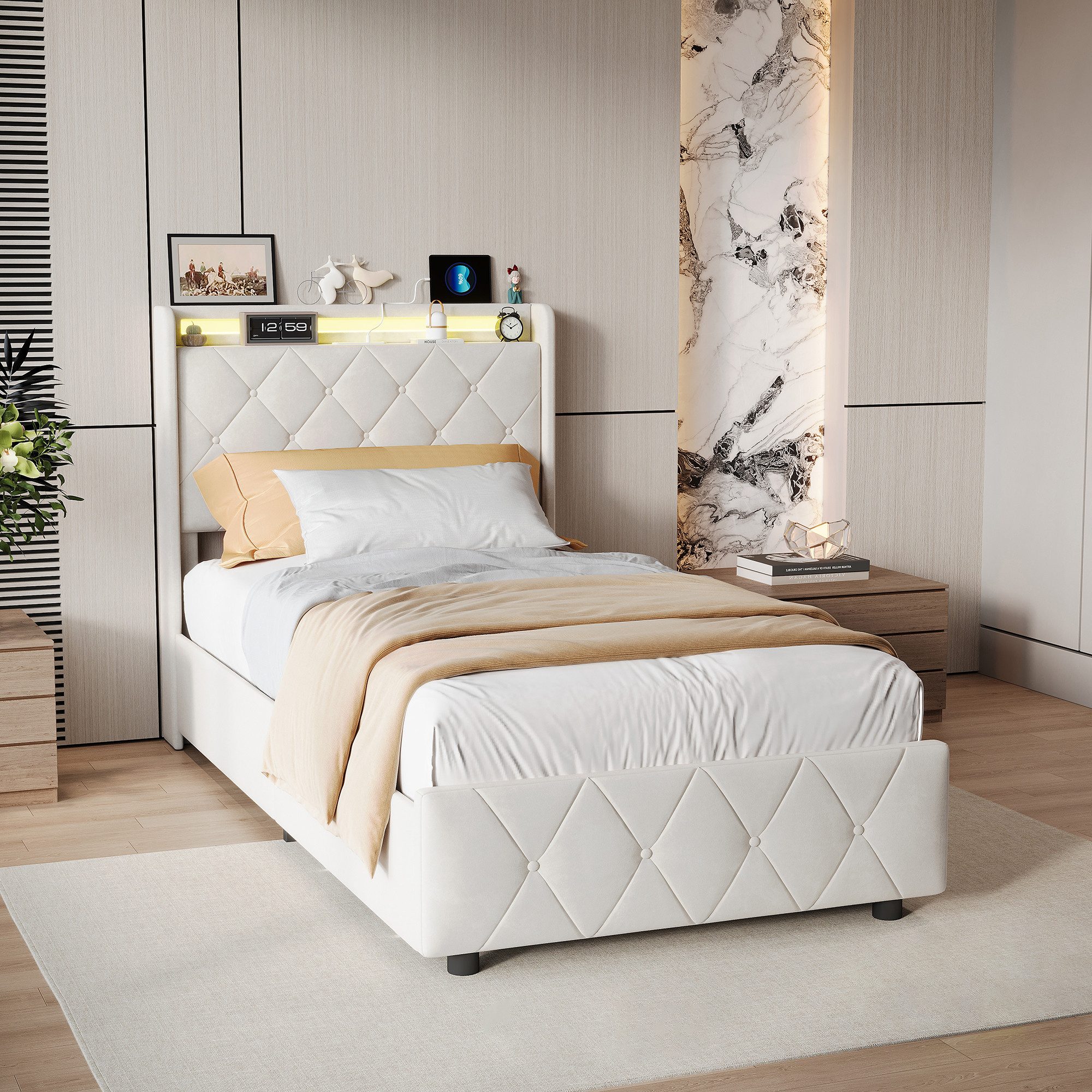 Furnishings Home Stauraumbett Polsterbett LED 90x200cm, Doppelbett (1-tlg., Modernes Jugendbett, Leises Design Bett, Samtmaterial Polsterbett), Mit LED-Beleuchtung und Ladefunktion, Belastbarkeit 300 kg