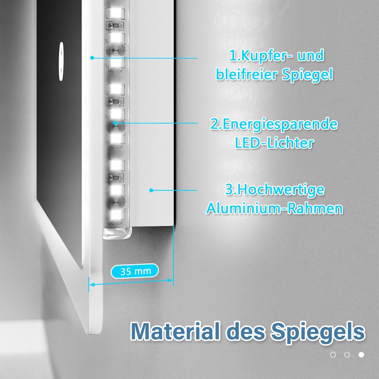 Badspiegel LED-Leiste LED 50x70 SONNI mit mit Beleuchtung,Touch LED cm kaltweiß Badspiegel Beleuchtung Schalter,IP44,wasserdichte Touch Schalter,