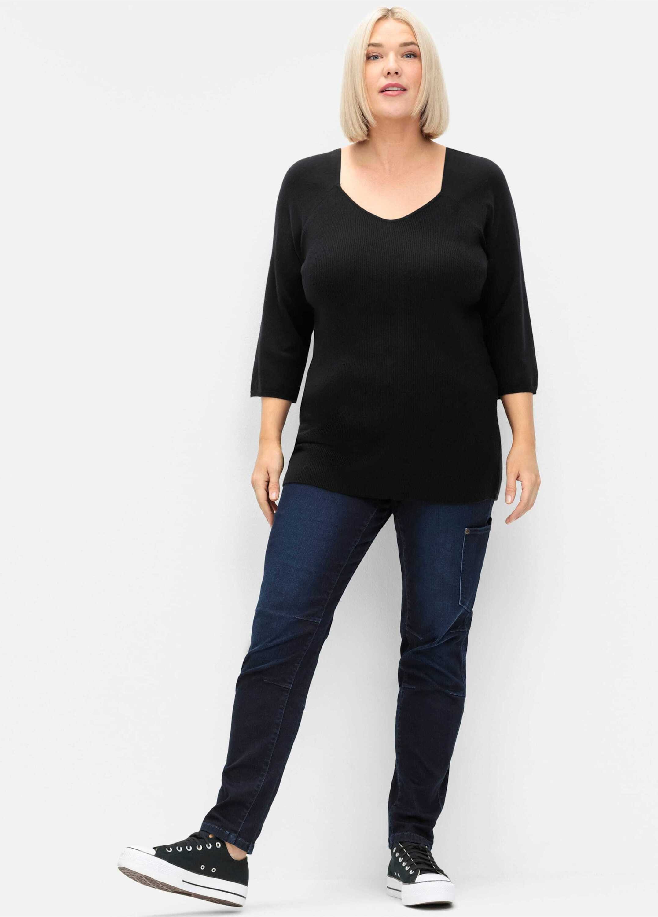 Sheego Strickpullover Pullover 3/4-Arm Feinstrick mit V-Ausschnitt, in Ripp günstig online kaufen