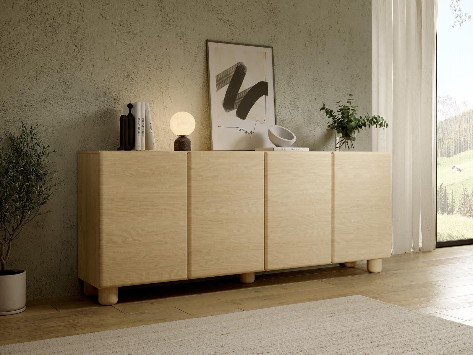 Compleo Sideboard mit 4 Türen, Scandi Stil MAVO Holzfüße (geräumig und funktional), Push to open funktion