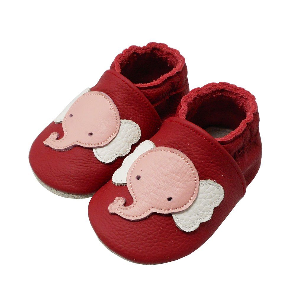 Yalion Weiche Leder Lauflernschuhe Hausschuhe Lederpuschen Elefant Rot Krabbelschuh