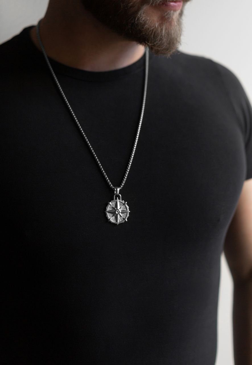 Akitsune Edelstahlkette Guidance Halskette Silber - Kompass 70 cm