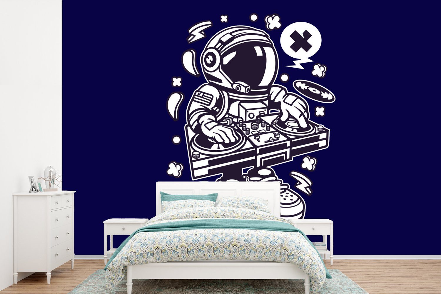 MuchoWow Fototapete DJ - Astronaut - Jahrgang, Matt, bedruckt, (6 St), Wallpaper für Wohnzimmer, Schlafzimmer, Kinderzimmer, Vinyl Tapete