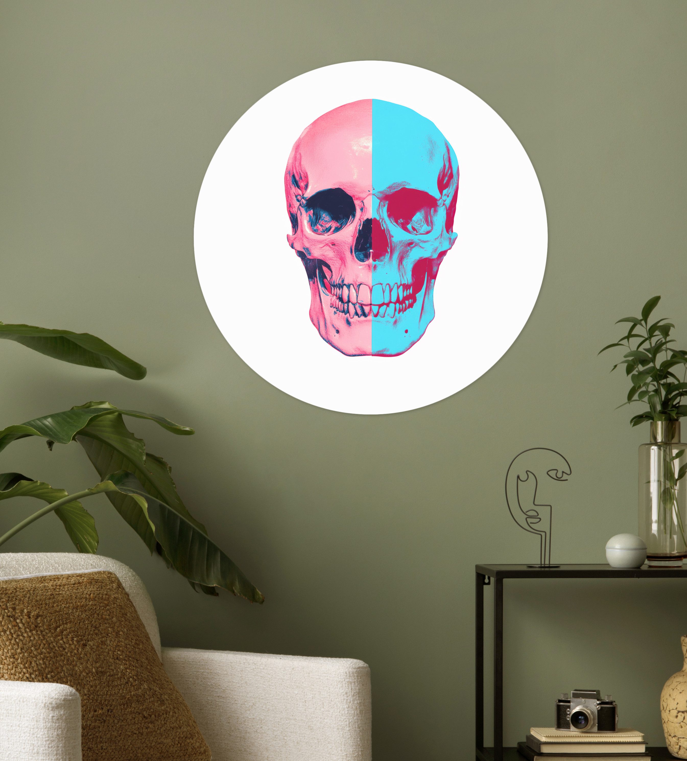 MuchoWow Wandsticker Totenkopf - Grafik - Rosa - Geteilt (1 St), Tapetensticker Selbstklebend, Wandbild Wohnzimmer, 80x80 cm