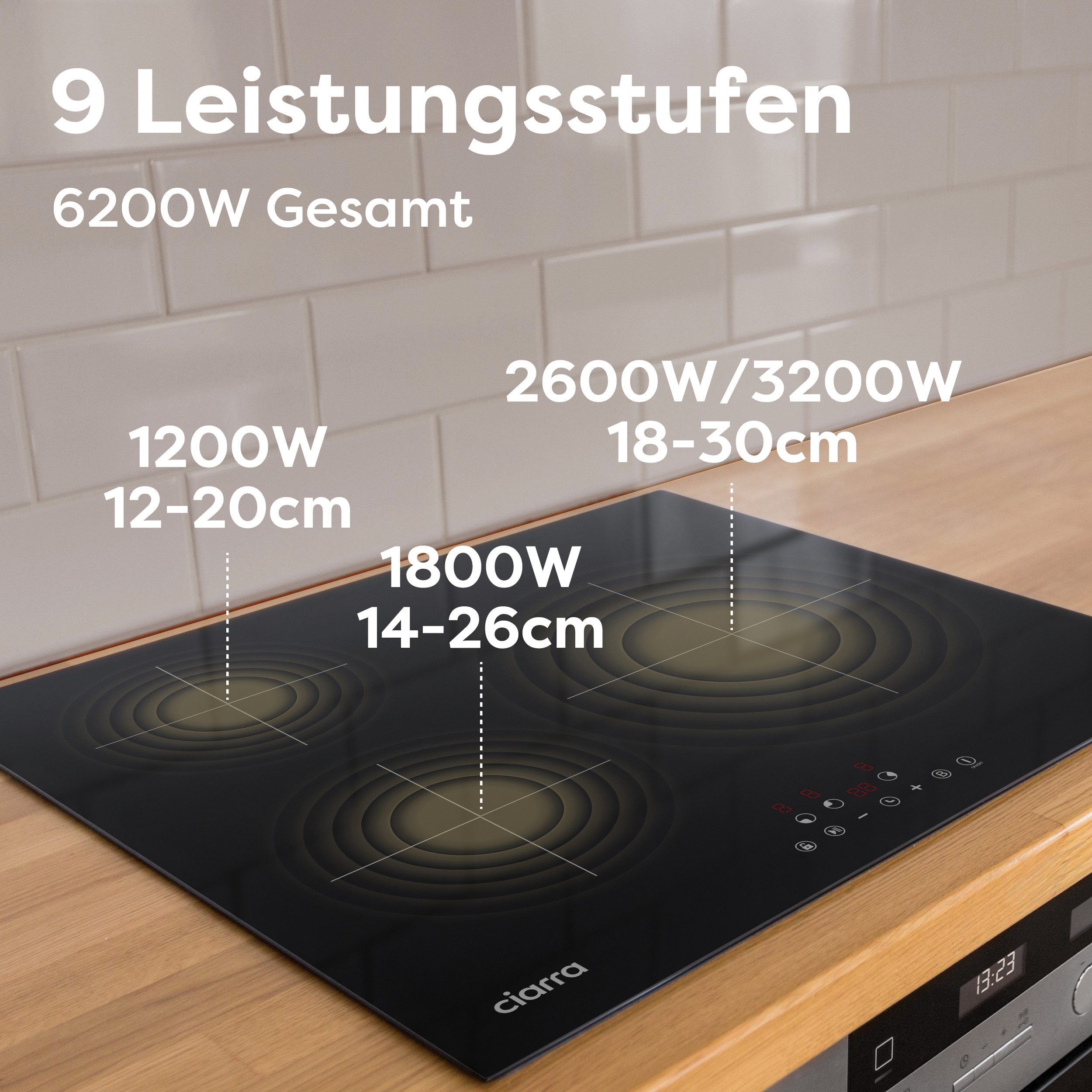 CIARRA Induktions-Kochfeld 60 cm Induktionskochfeld 9 Stufen mit Stop & Go Funktion Touch Control 6200 W VM3BIH, 3-Zonen Einbau-Kochfelder Induktionsherd mit Boost & Timer