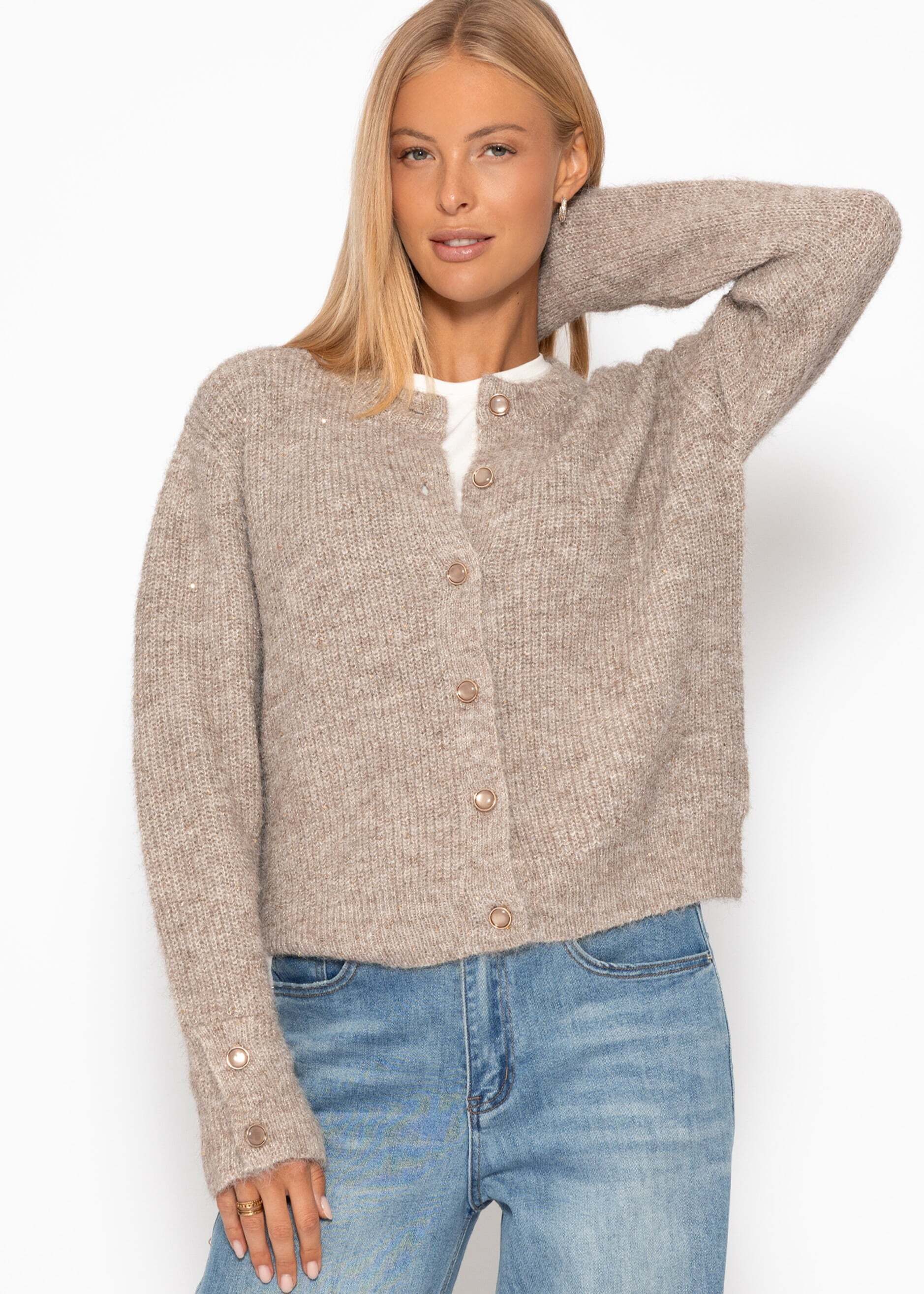SASSYCLASSY Cardigan Cardigan mit Pailletten für Damen Weiche Gerippte Strickjacke mit Lurex und Manschettenknöpfen Beige