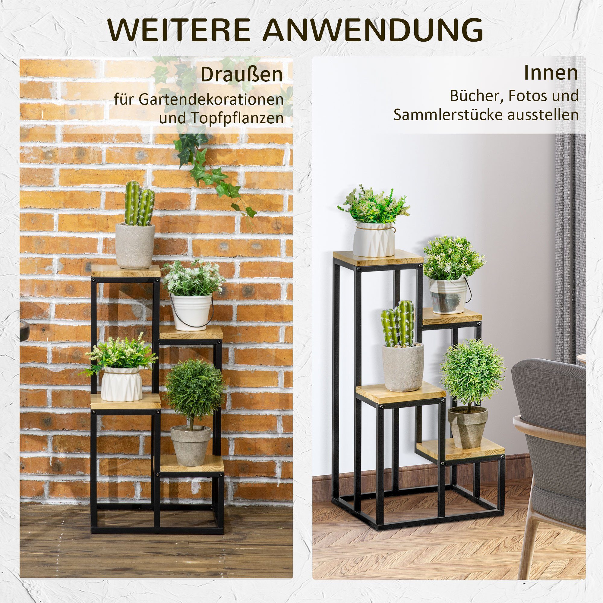 Outsunny Pflanzentreppe Pflanzenständer im Industrie Design, mit 4 Regalen (Pflanzenregal, 1 St., Blumenständer), für Garten, Balkon, Schwarz+Natur