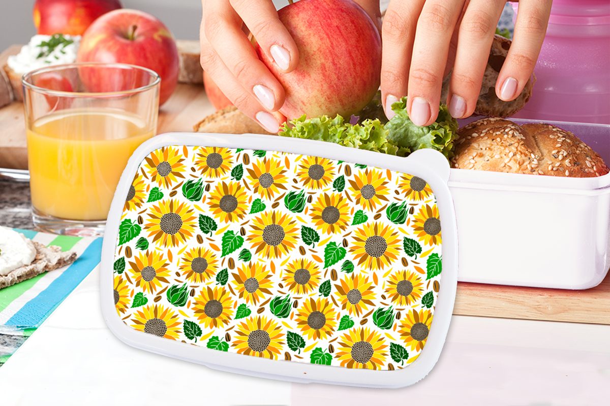 für Kinder Mädchen (2-tlg), MuchoWow und Kunststoff, und Brotdose, Erwachsene, Jungs Muster, Lunchbox - für Sonnenblume - Blätter weiß Brotbox