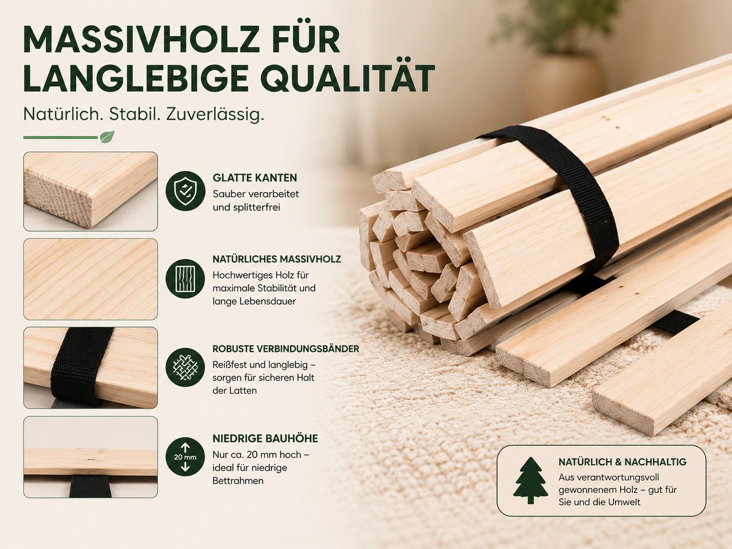 Rollrost 10 stabile Latten aus hochwertigem Massivholz, Best for You, Kopfteil non-adjustable base, Fußteil Not adjustable, Lattenrost, Stabilstes Rollrost, Lat – Bild 3 von 5