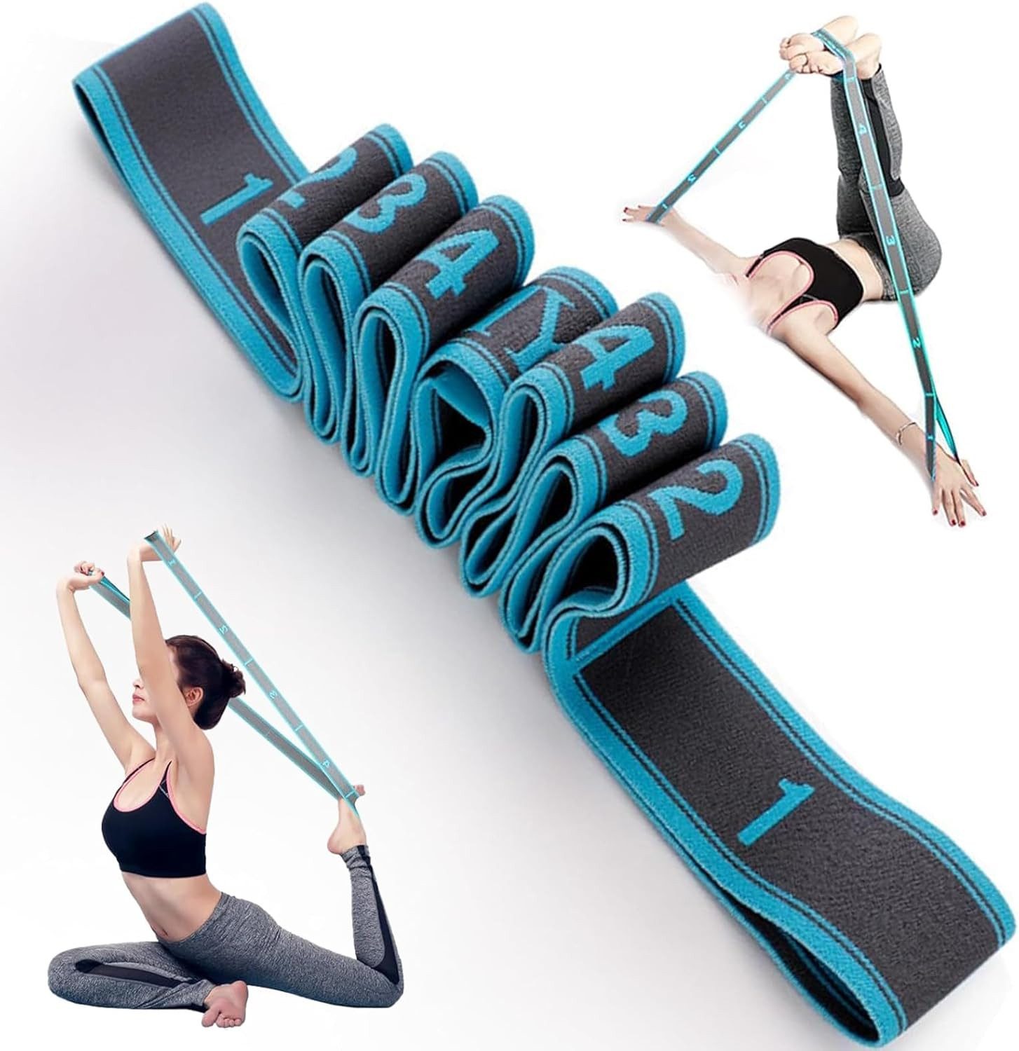 MOPUEA Trainingsbänder Yoga Stretch Gurt, Gymnastikbänder Trainingsband Fitnessbänder, mit 9 Schleifen, Dehnungsband für Pilates, Gymnastikband & Training