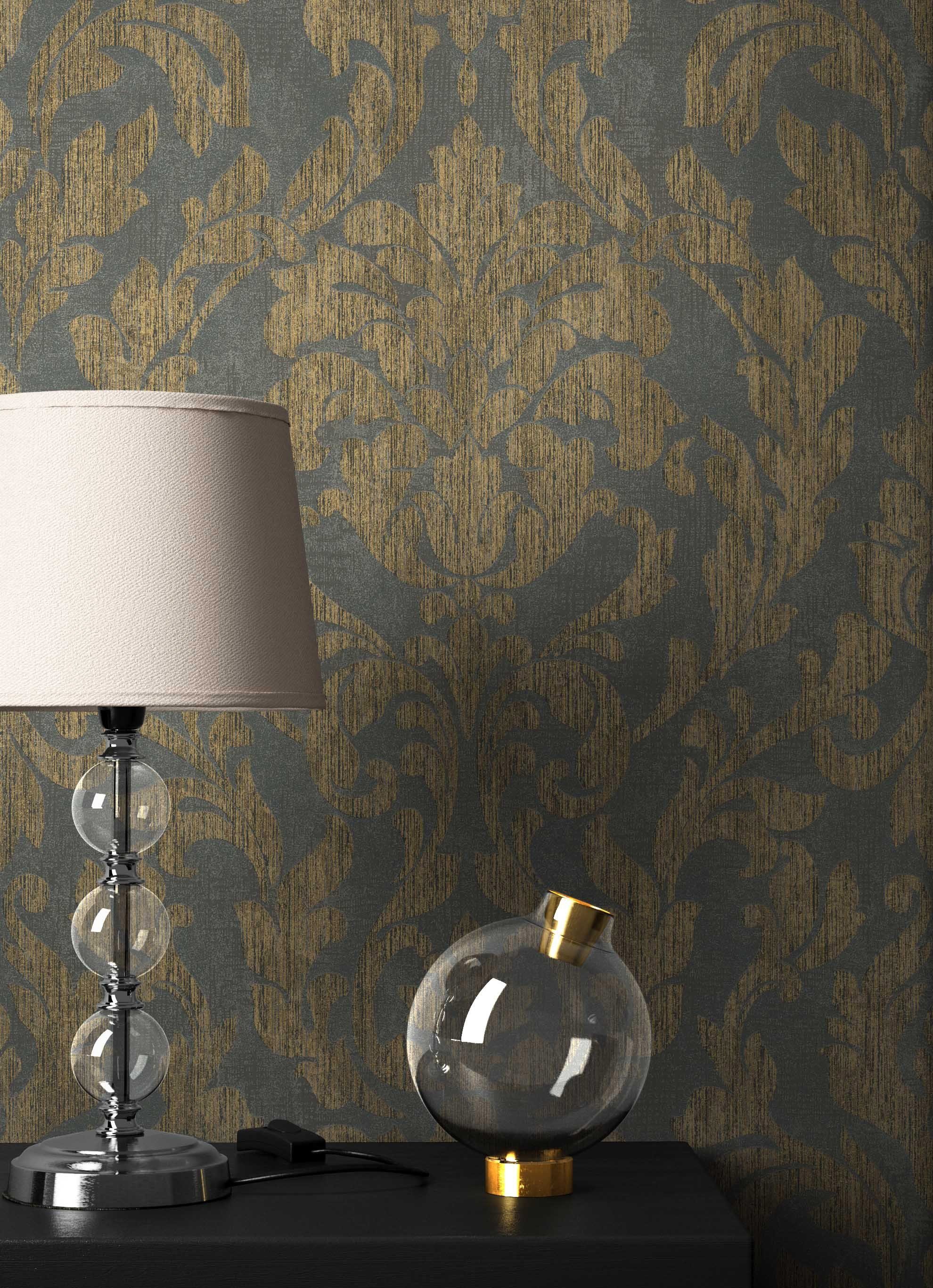 Newroom Vliestapete, Schwarz Barocktapete Barock Ornament - Mustertapete Klassik Gold Braun Glamour für Büro Diele/Flur Schlafen
