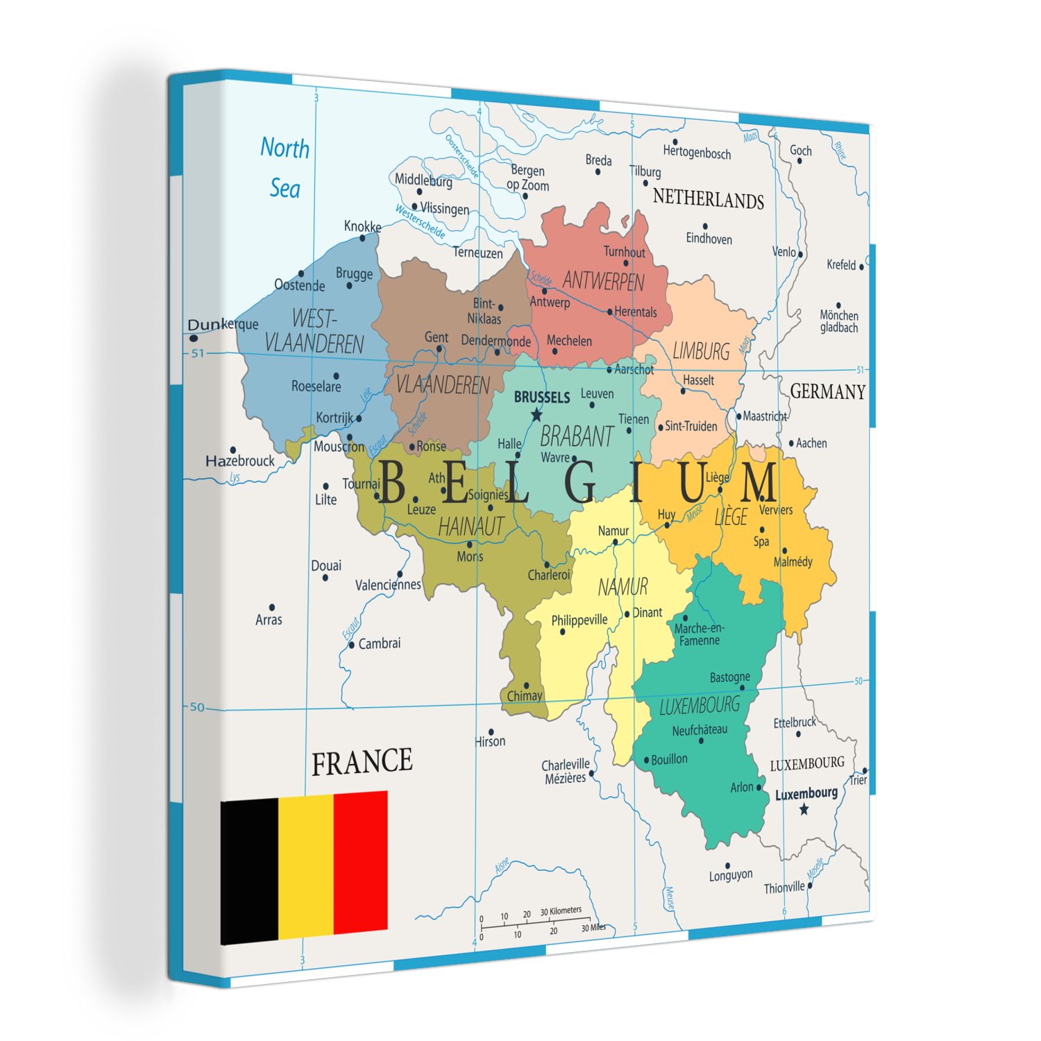 OneMillionCanvasses® Leinwandbild Eine bunte Illustration einer Karte von Belgien, (1 St), Leinwand Bilder für Wohnzimmer Schlafzimmer