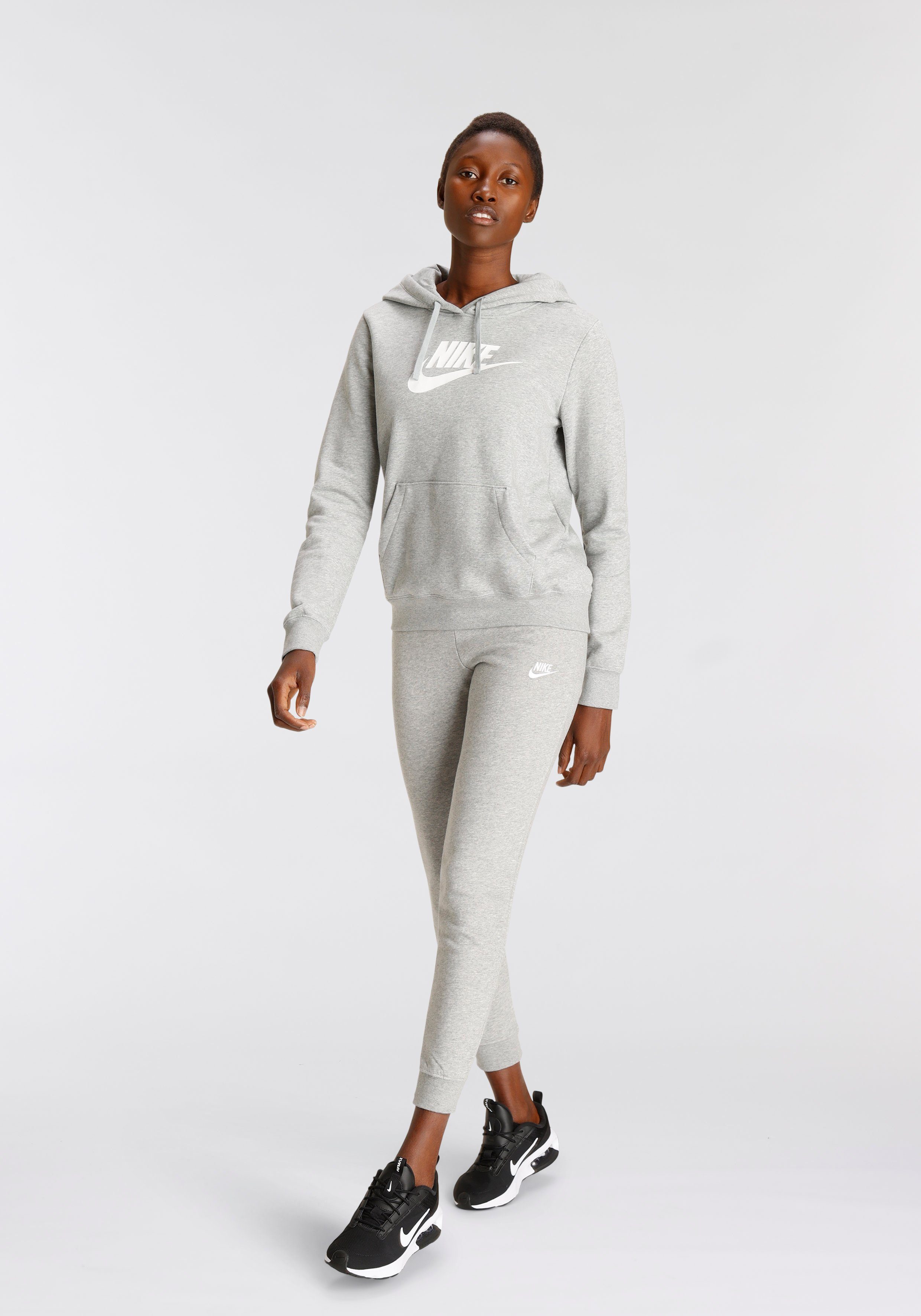 Nike Sportswear Kapuzensweatshirt Club Hoodie GREY Women's Fleece DK Pullover HEATHER/WHITE Logo