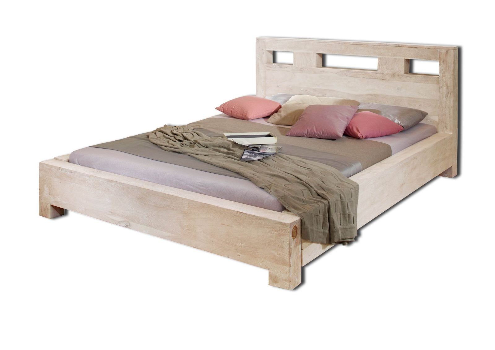 Massivmoebel24 Massivholzbett (Bett Akazie 140x200x90 white stone getüncht  NATURE WHITE #203), Bett Akazie 140x200x90 white stone getüncht  NATURE WHITE #203