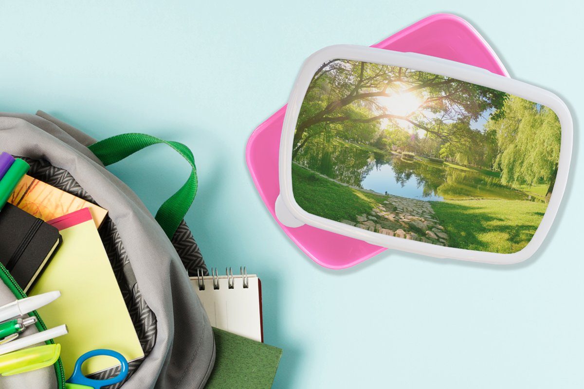 rosa Erwachsene, Brotdose für Snackbox, Brotbox - MuchoWow Sonne Gras Lunchbox Natur, Kunststoff, - See (2-tlg), Kinder, Kunststoff Mädchen, - - Bäume