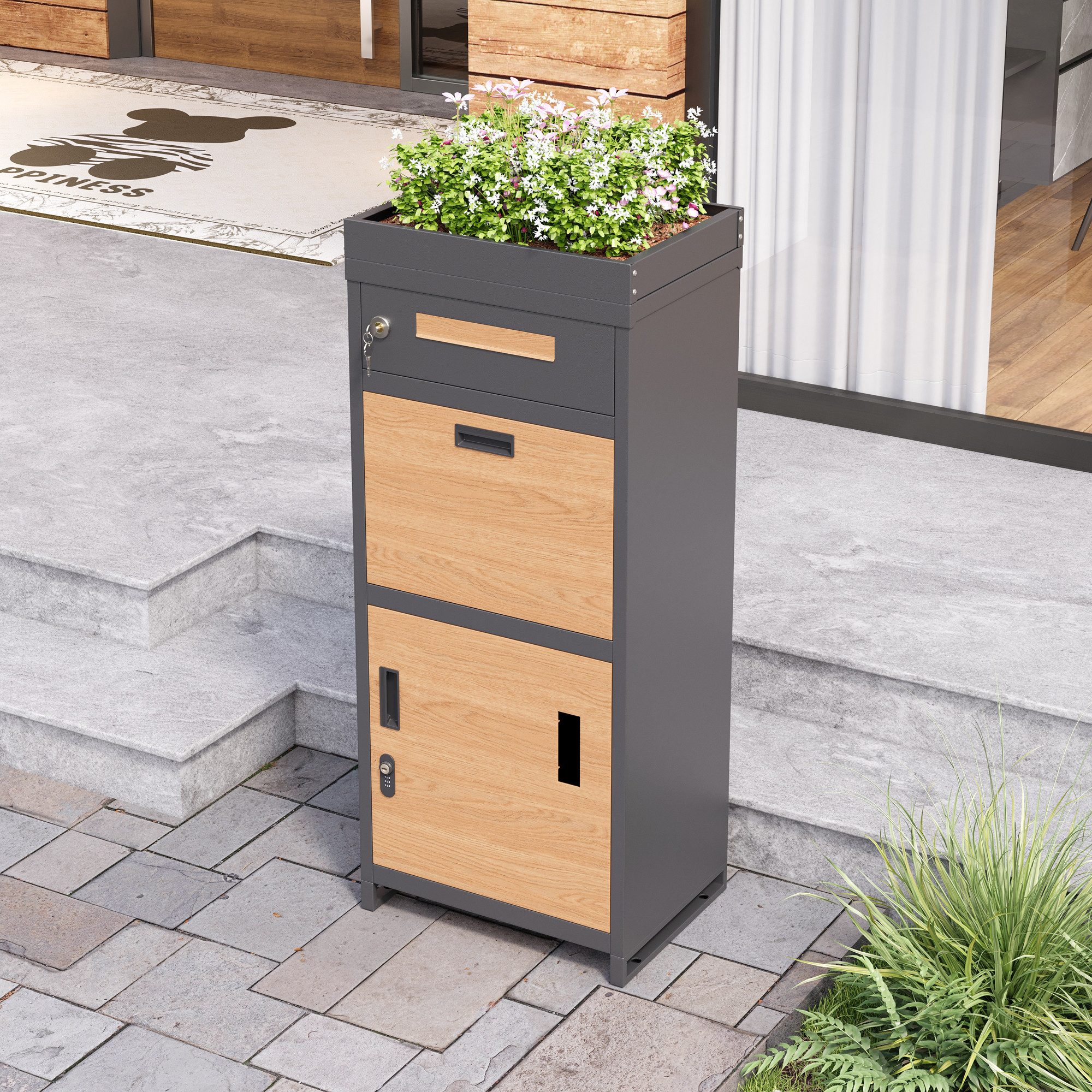 HAUSS SPOLE Paketbriefkasten mit Zahlenschloss,Briefkasten mit Blumenbeet,Abschließbar, Grau (Paketbox mit Praktische Fächeraufteilung, Integriertes Design mit Blumenkästen und Briefkasten), stabile Standfuß und die robuste Gesamtkonstruktion