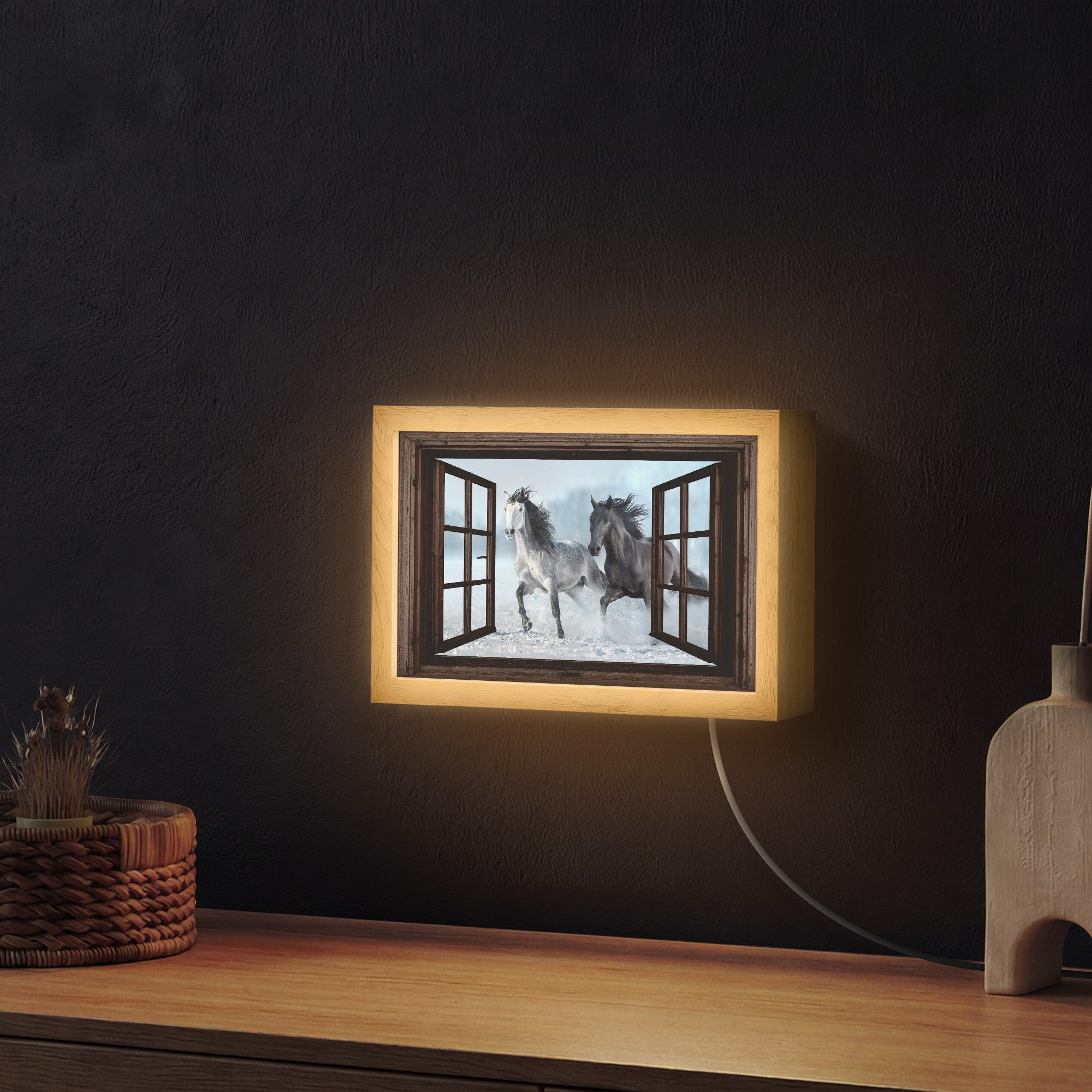 OnlyWow Wandleuchte Lightbox Pferde - Winter - Tiere - Natur - Durchblicken, Dimmbar, Farbwechsel, LED, Warmweiß, Kaltweiß, Neutralweiß Einstellbar, Wandlampe Innen, Dimmbar, mit Kabel, LED, Modern, Schlafzimmer