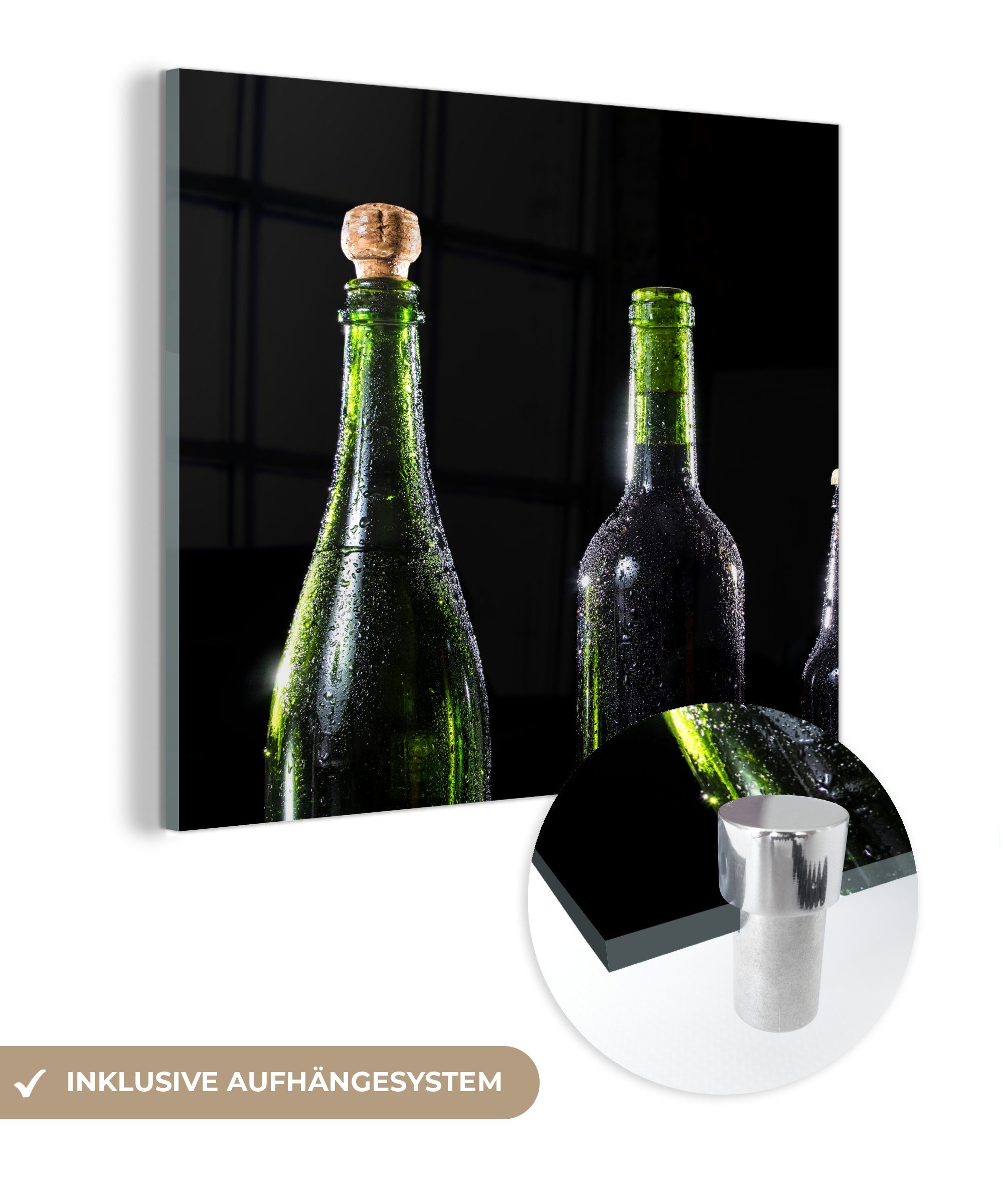 MuchoWow Acrylglasbild Flaschen auf dunklem Hintergrund, (1 St), Glasbilder - Bilder auf Glas Wandbild - Foto auf Glas - Wanddekoration | Bilder