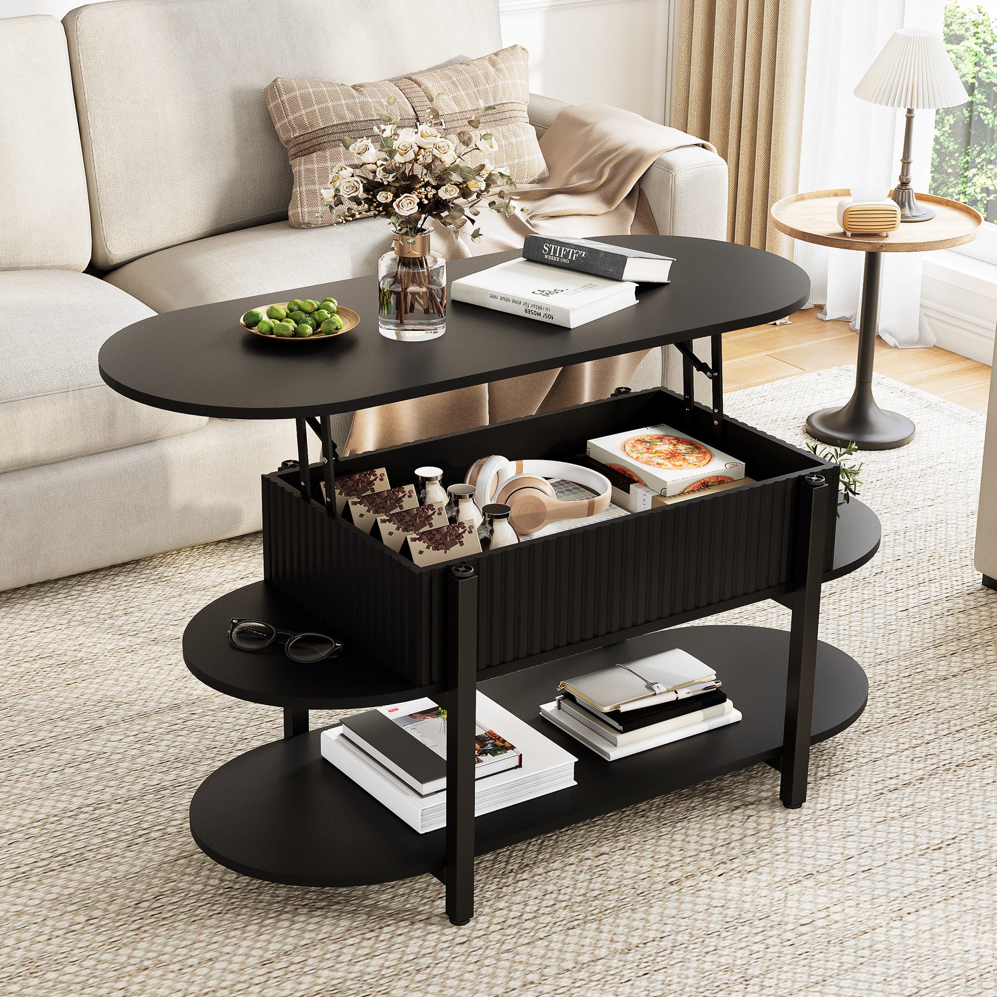 FUROKOY Couchtisch oval höhenverstellbar Wohnzimmertisch mit verstecktem Stauraum, Sofatisch 3-Etagen-Design,Wellenmuster,Schwarz