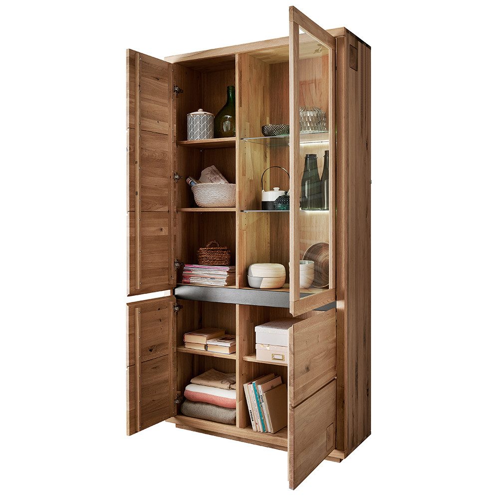 Lomadox Vitrine WINCHESTER-69 Vitrinenschrank Standvitrine 103 cm Eiche massiv geölt Hirnholz-Detail