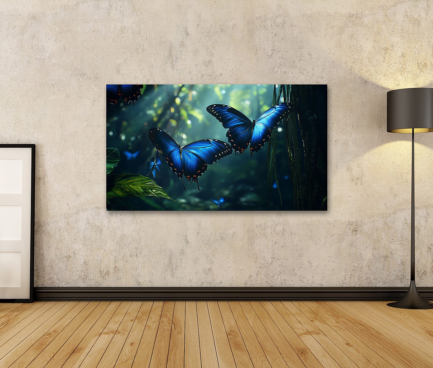 islandburner Leinwandbild, Blaue Schmetterlinge im Dschungellicht günstig online kaufen