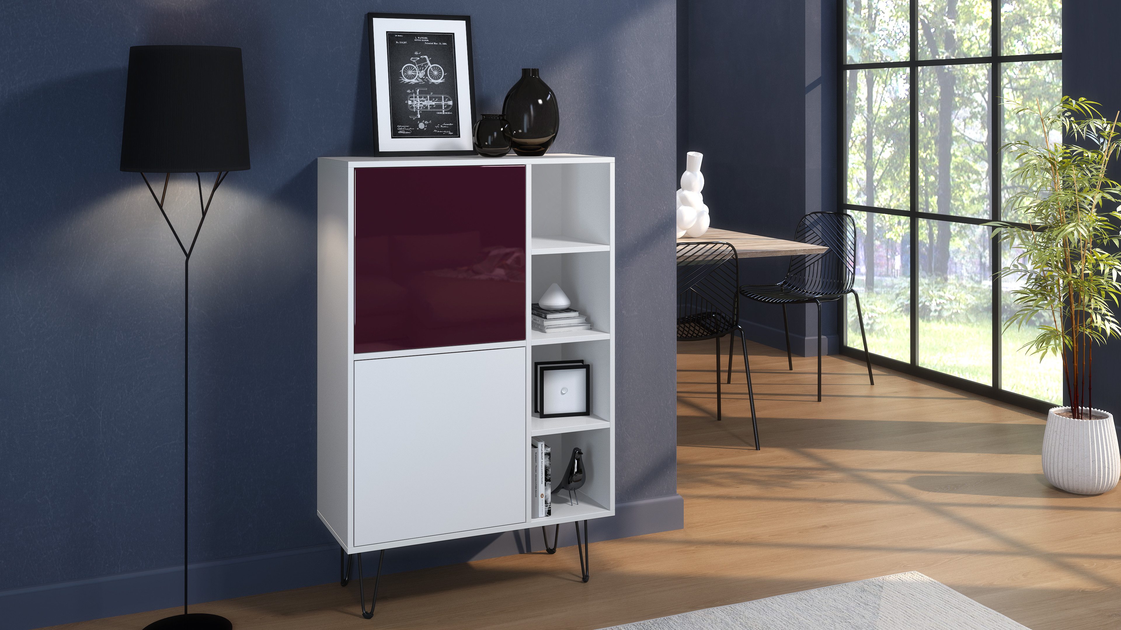 Vladon Sideboard Havana V1 (Schrank mit 2 Türen und 4 offene Fächer, Kommode Made in Germany), Weiß matt / Weiß matt (124 x 79 x 35 cm)