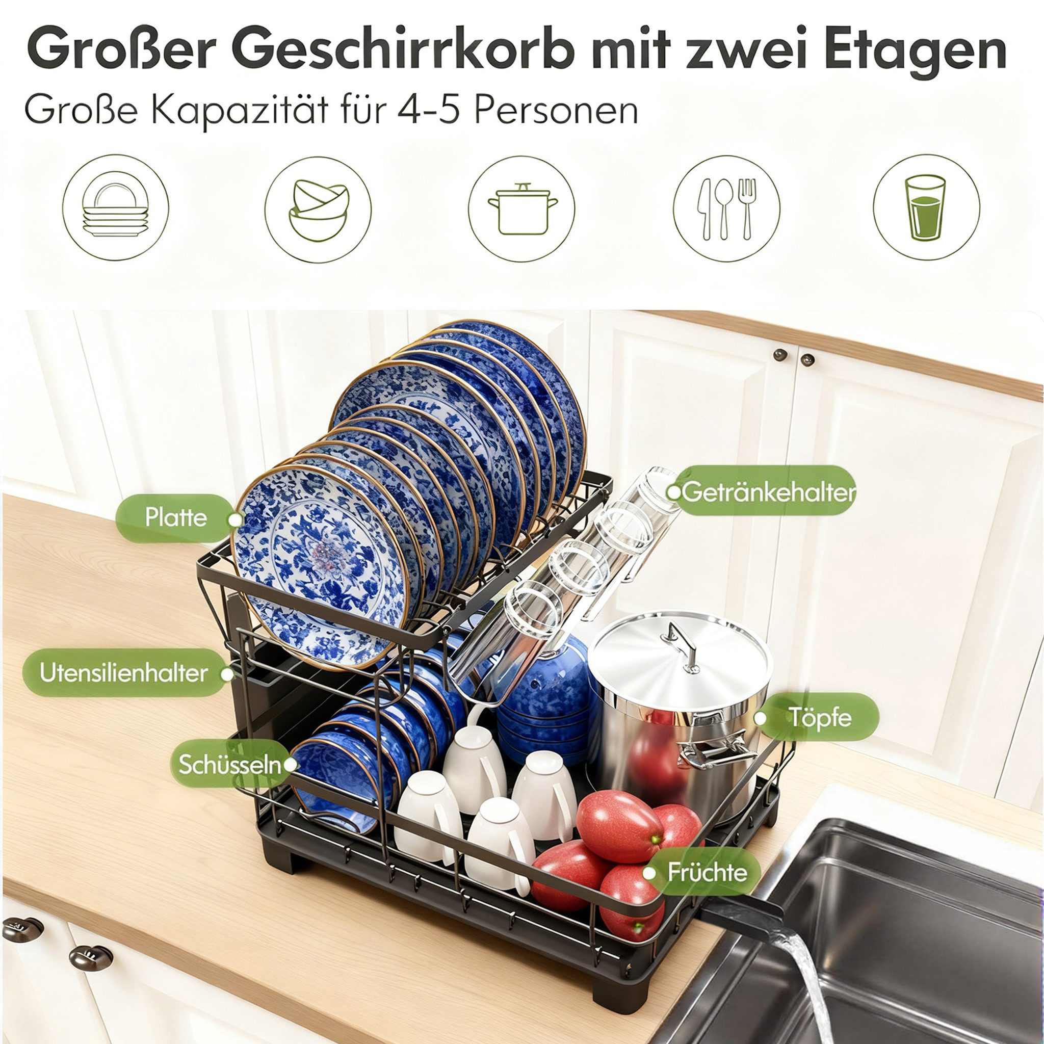 Zedelmaier Geschirrständer Abtropfgestell Geschirr, Geschirrabtropfgestell 2-Stufig, mit 360° Drehbarem Auslauf und Abtropfschale, Platzsparend