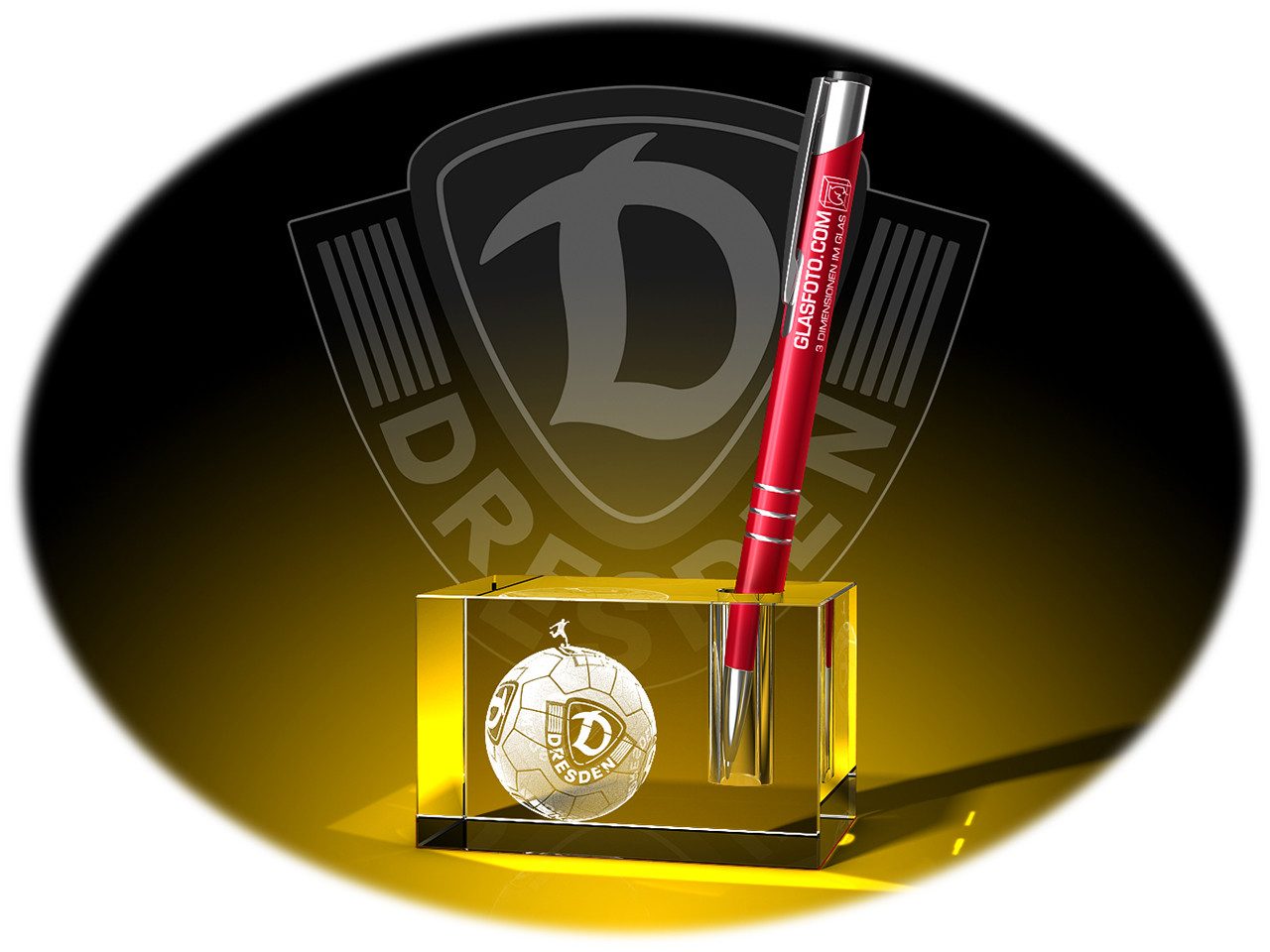 GLASFOTO.COM Dekofigur Stifthalter, Dynamo Dresden, Fußball, Fanartikel, Ball mit Logo