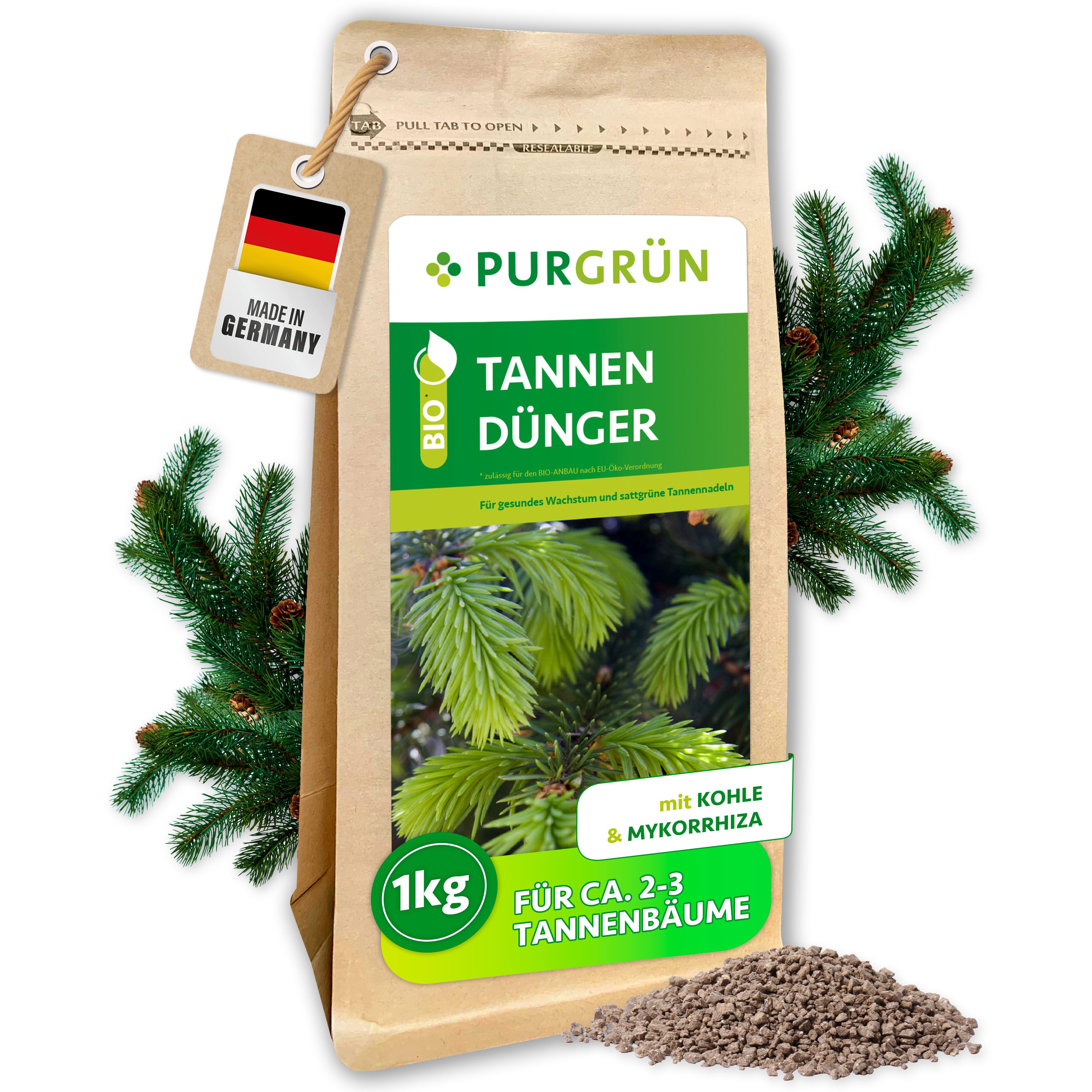 Purgrün Gartendünger Tannendünger, NPK 6+4+5, sattgrüne Nadeln, Mykorrhiza, 1 kg, Granulat, 1-St., 1 kg
