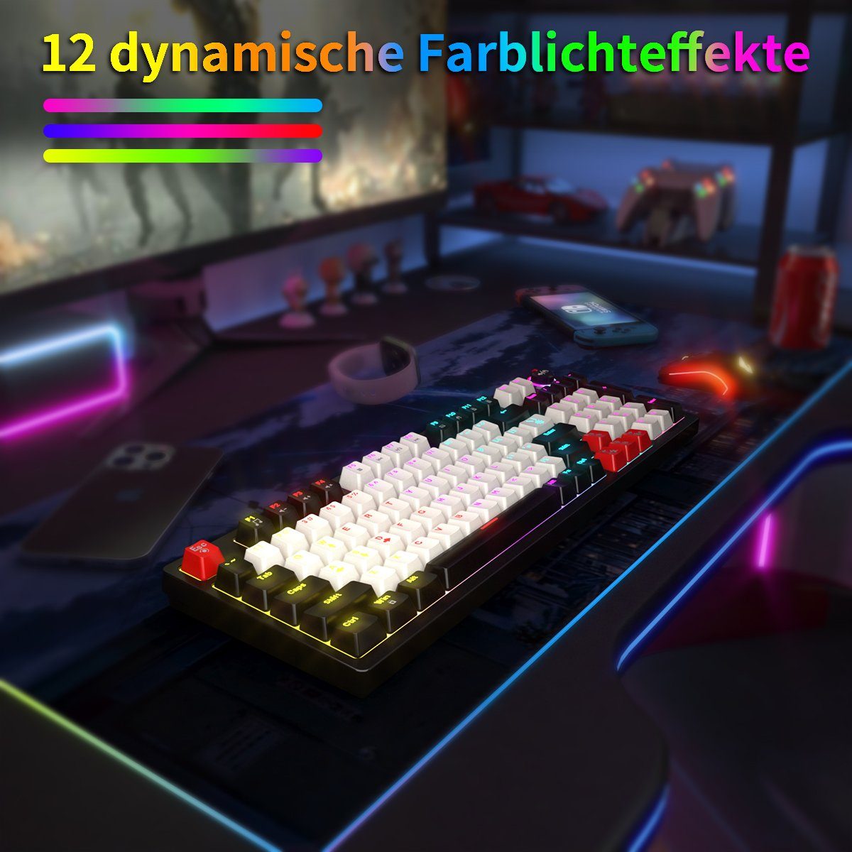 Kabe) Doppel- Nicht und mechanische schwarz Dreifarbige Tastatur (Zweifarbige BUMHUM Gaming-Tastatur deutsche RGB-Gaming-Tastatur Tastatur,RGB-Beleuchtung mit Echte