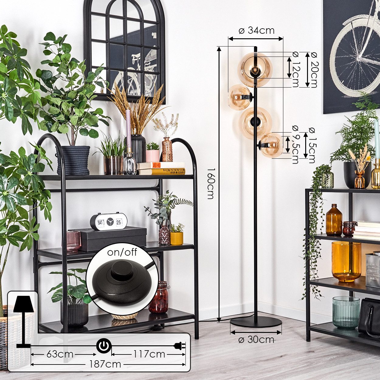 hofstein Stehlampe Stehlampe aus Metall/Glas in Schwarz/Bernsteinfarben mit Fußschalter, ohne Leuchtmittel, Stehleuchte im Retro/Vintage-Design mit Glasschirmen (15; 20cm), E14