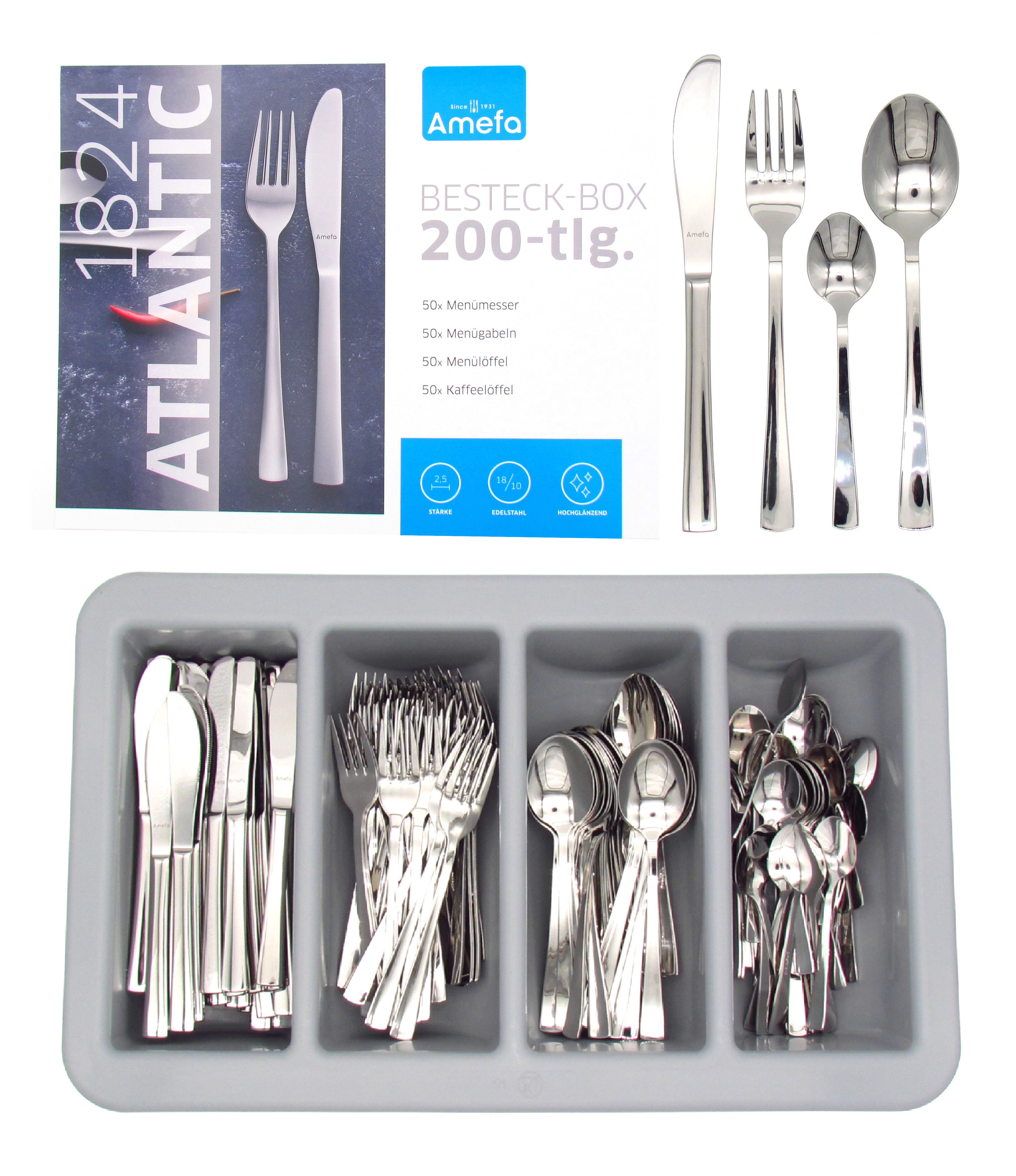 steinwohn Besteck-Set Gastro 200-teilig – 18/10 Edelstahl 2,5 mm Extra Stark, Hochglanz, 50 Personen, Gastronomie-Qualität inkl. Besteckkasten