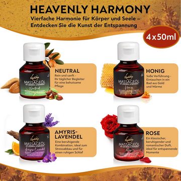 DaniChou Massageöl Heavenly Harmony Probierset, 4-tlg., 4x 50ml Natürliche Öle - Rose, Honig, Neutral, Amyris-Lavendel