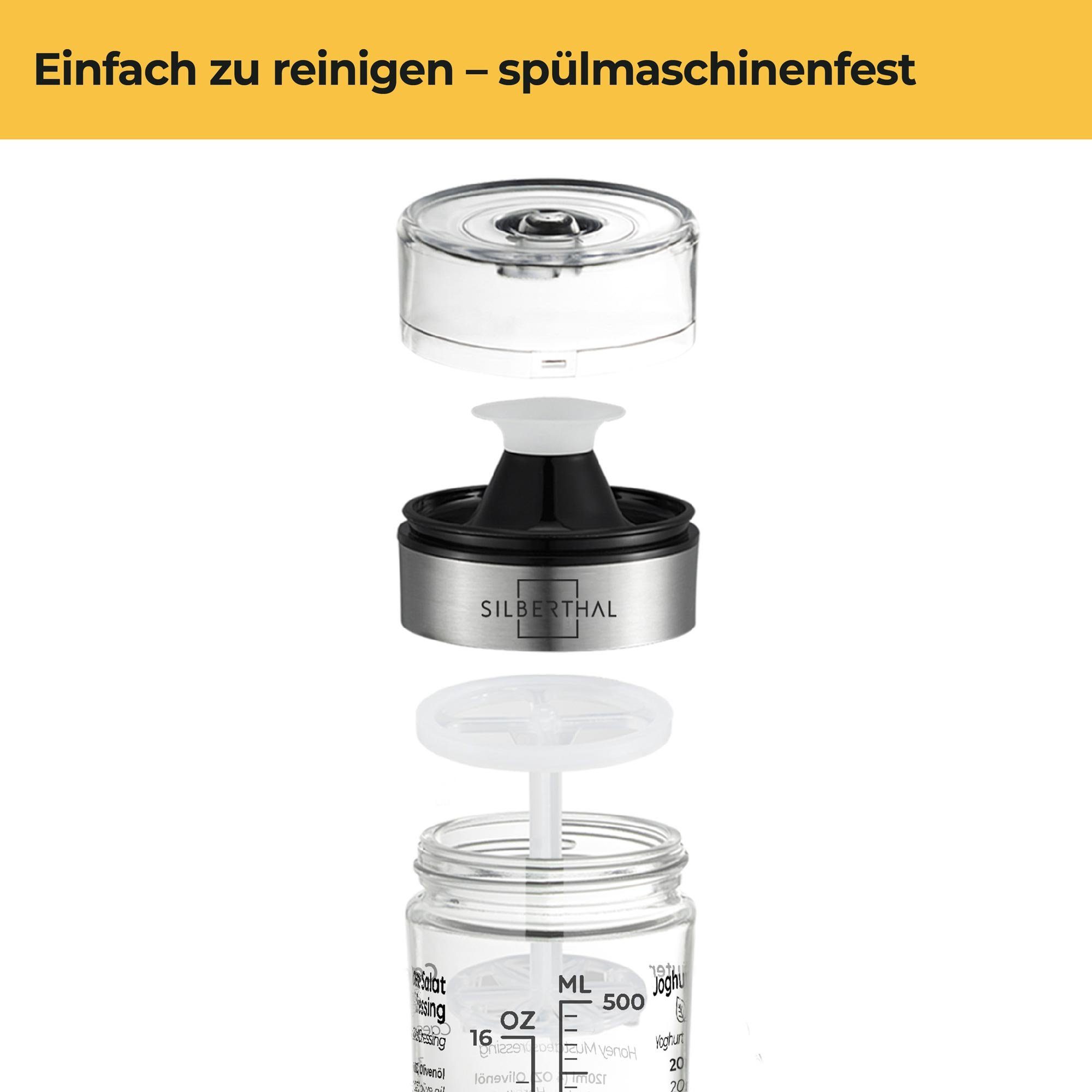 Salatsaucen integrierter perfekt Salatdressing Behälter Rezepten, SILBERTHAL Glas, zum Shaker Mitnehmen 500ml mit mit Dressing Shaker Skala,