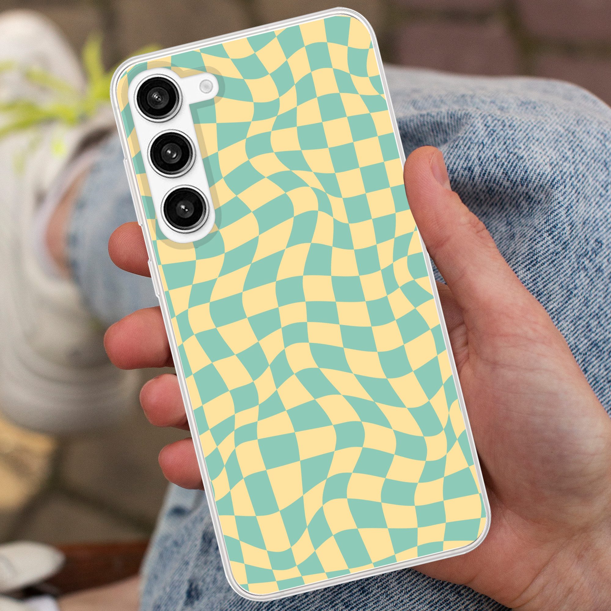MuchoWow Handyhülle für Samsung Galaxy S23 Plus Quadratisches Muster - Gelb - Blau - Welle, Phone Case, Silikon, Schutzhülle Dünn