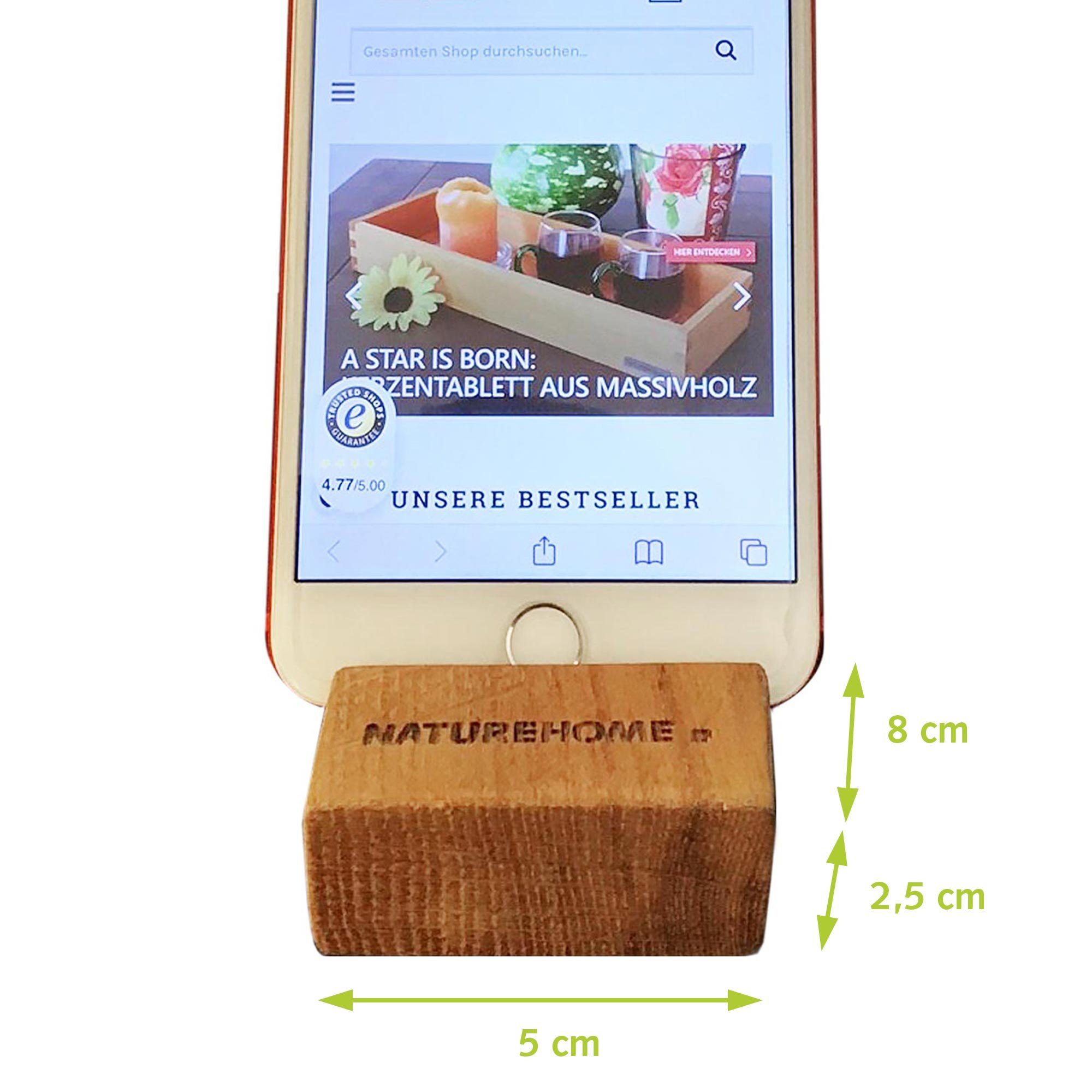 NATUREHOME Handy-Halterung Smartphone-Halter Holz 8 x 5 x 2,5 cm Nussbaum o. Eiche, (1-tlg., Handarbeit, Design, Vegan)