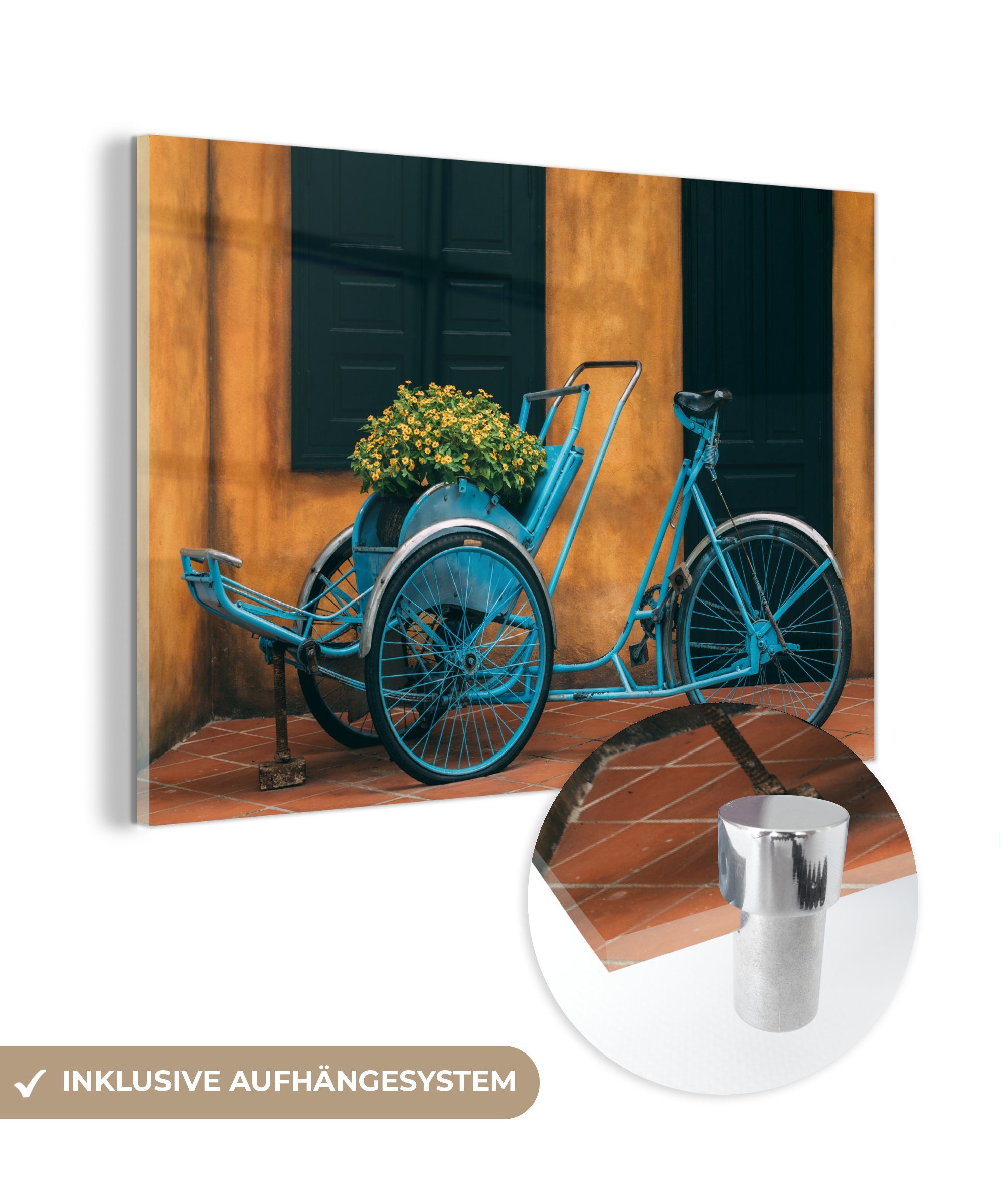 MuchoWow Acrylglasbild Fahrrad mit Blumen, (1 St), Acrylglasbilder Wohnzimmer & Schlafzimmer