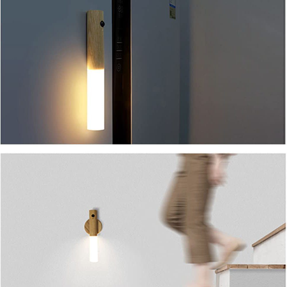 GelldG Bewegungsmelder mit Aufladbar Wandleuchte Holz LED Innen Wandleuchte USB Wandlampe
