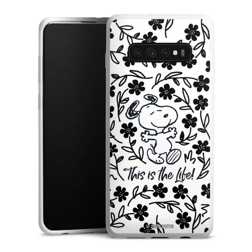 DeinDesign Handyhülle Peanuts Blumen Snoopy Snoopy Black and White This Is The Life, Samsung Galaxy S10 Plus Silikon Hülle Bumper Case Handy Schutzhülle