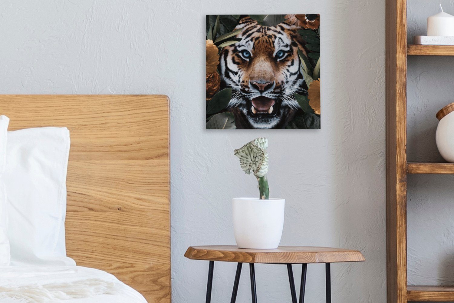 Schlafzimmer Leinwand Tiere, Tiger Blatt Leinwandbild - für St), (1 - Bilder Wohnzimmer OneMillionCanvasses®