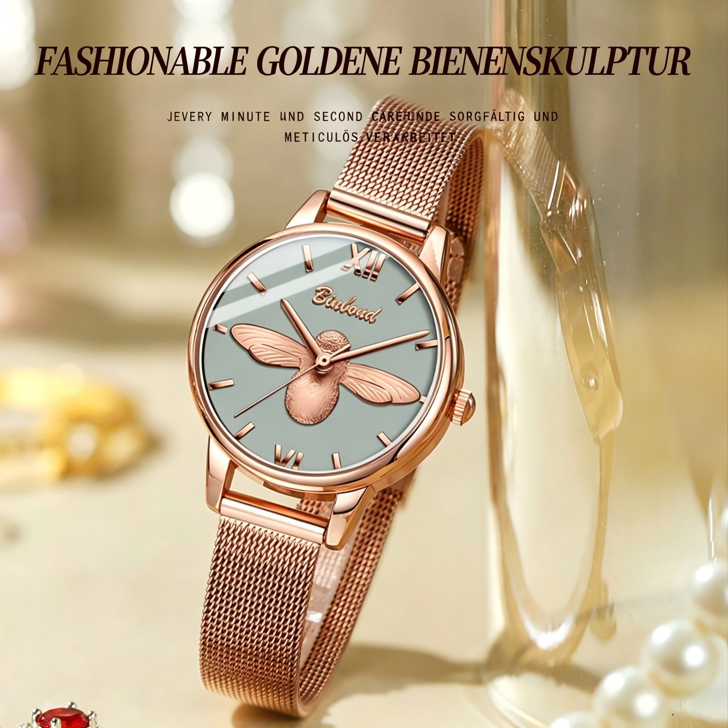 Fyrove Quarzuhr Damen Armbanduhr Quarz mit Bienen Motiv Roségold Mesh Armband, (Elegante Damenuhr, mit 3D Bienen Zifferblatt, Edelstahl Milanaiseband), 3ATM Wasserschutz und Geschenkbox